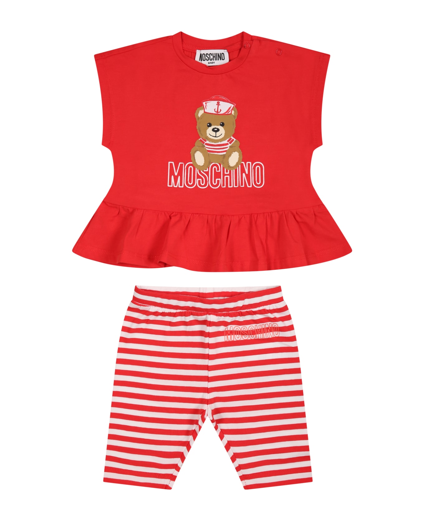 Moschino Red Suit For Baby Girl With Teddy Bear And Logo - Red
