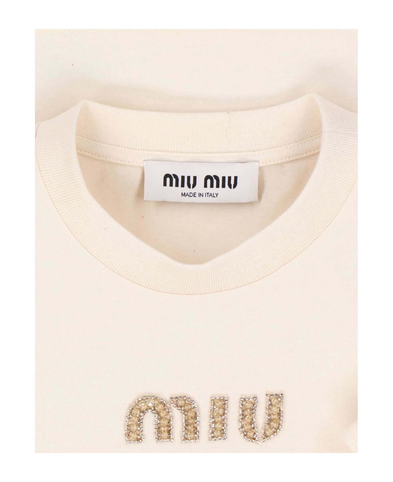 MIU MIU Logo-Embellished Crewneck Ｔシャツ Miu Miu Logo-embellished Crewneck T-shirt in White | Lyst