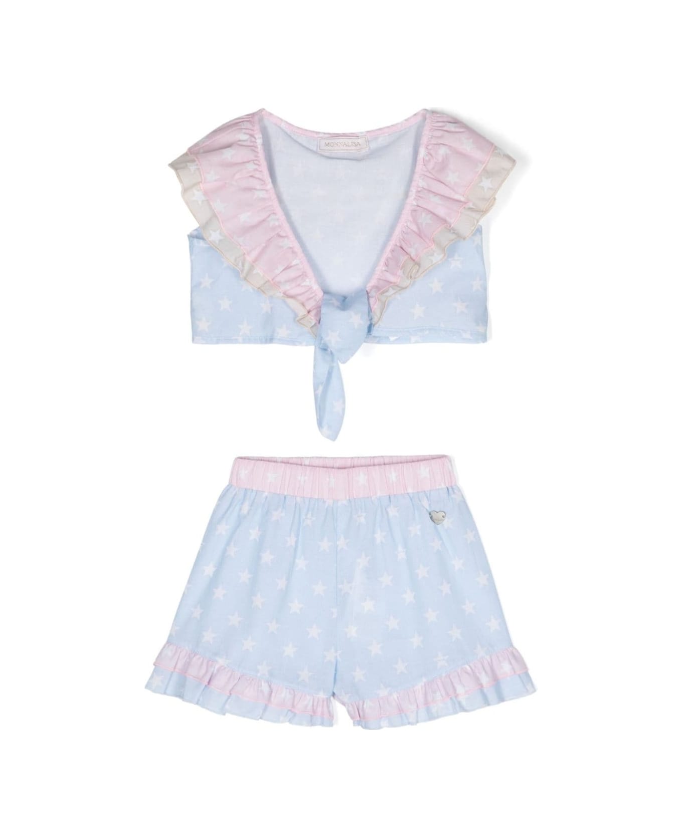 Monnalisa Light Blue And Pink Two Piece Cover Up With Star Print In Cotton Girl - Multicolor