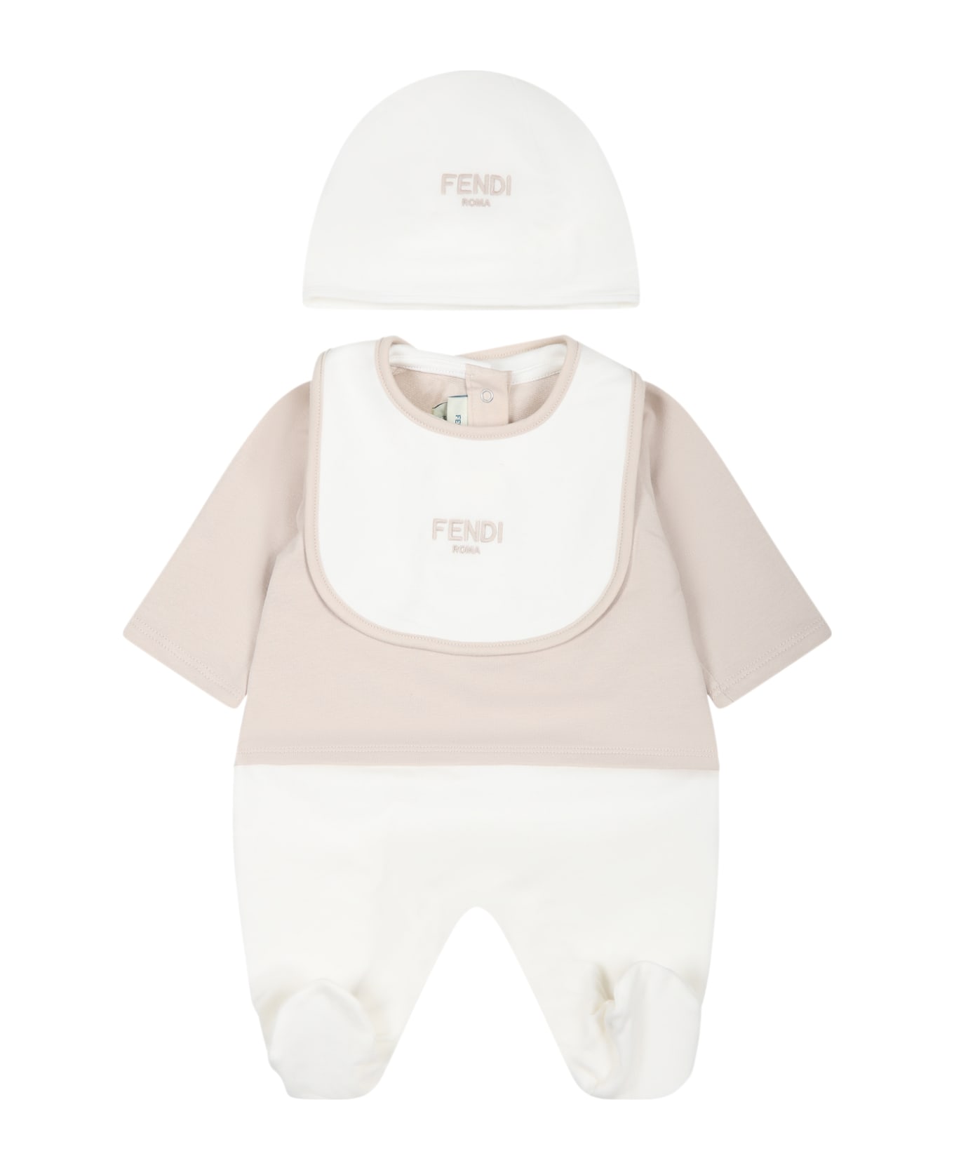 Fendi Beige Set For Baby Kids With Logo - Beige ボディスーツ＆セットアップ