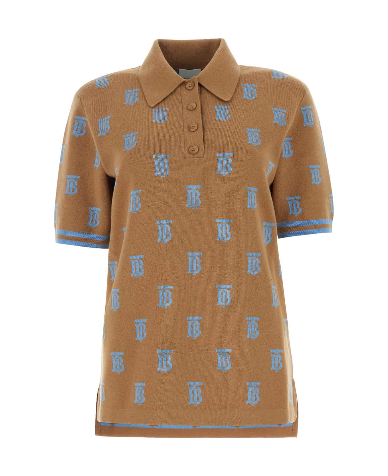 Burberry Embroidered Stretch Wool Blend Polo Shirt - CAMEL