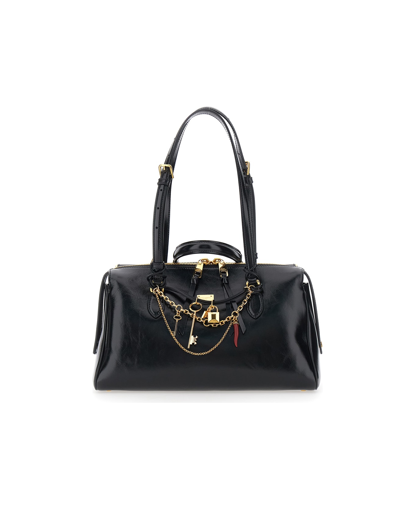 Dolce & Gabbana 'vittoria' Black Shoulder Bag With Chain Detail And Charms On The Front In Leather Woman - Black