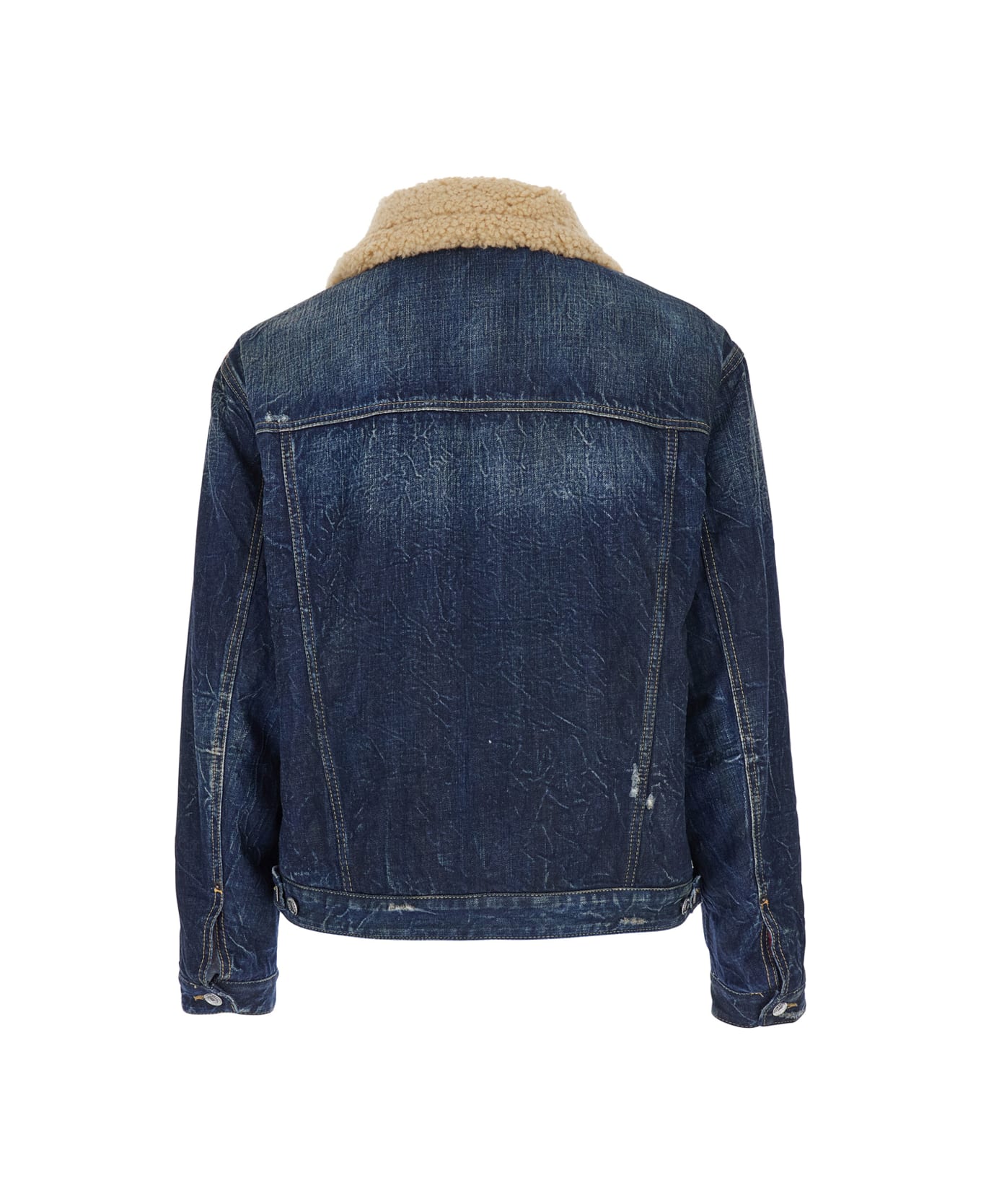 Dsquared2 Blue Jacket With Belted Fur Collar In Denim Man - Blu