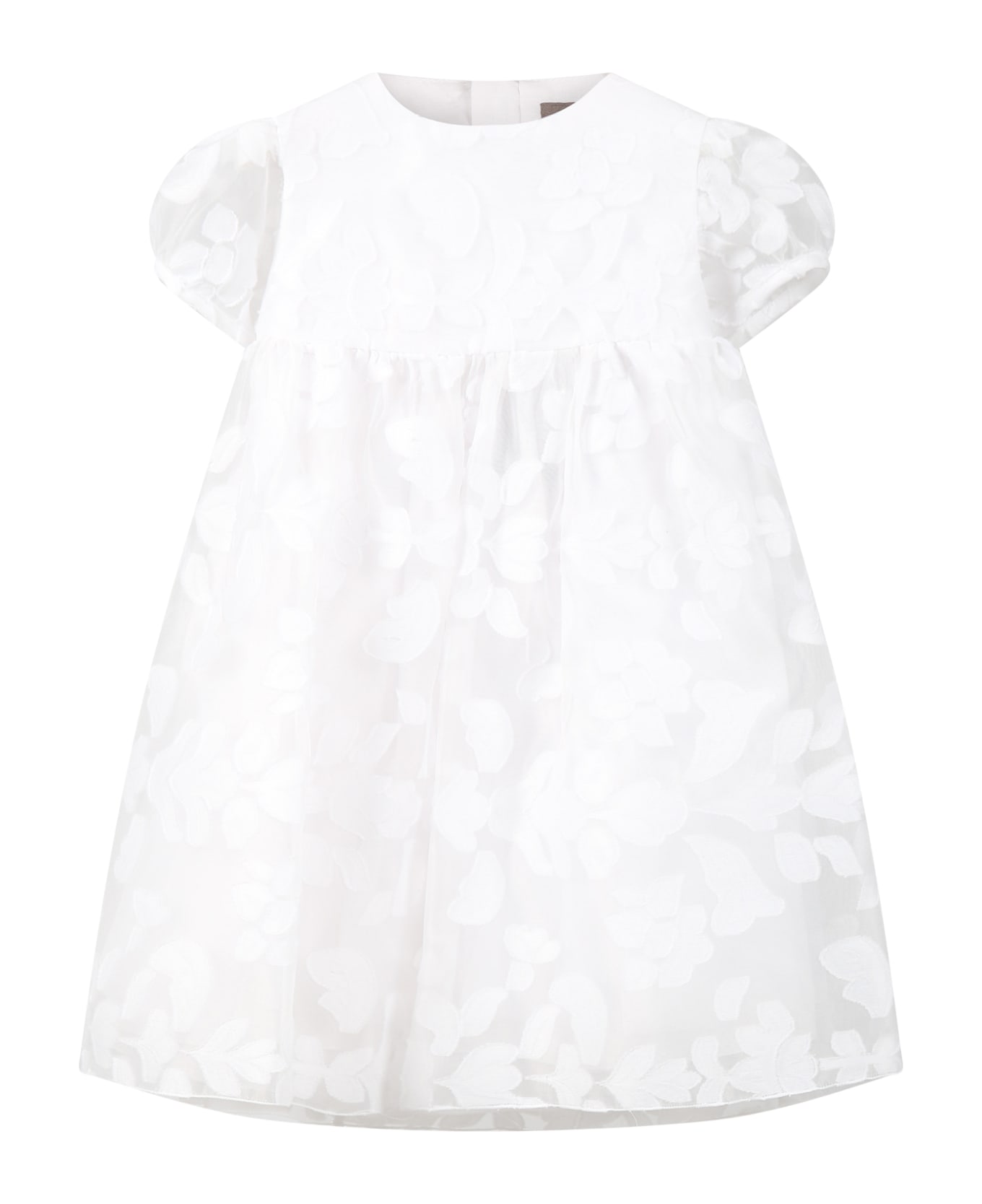 Little Bear White Dress For Baby Girl With Floral Details - White