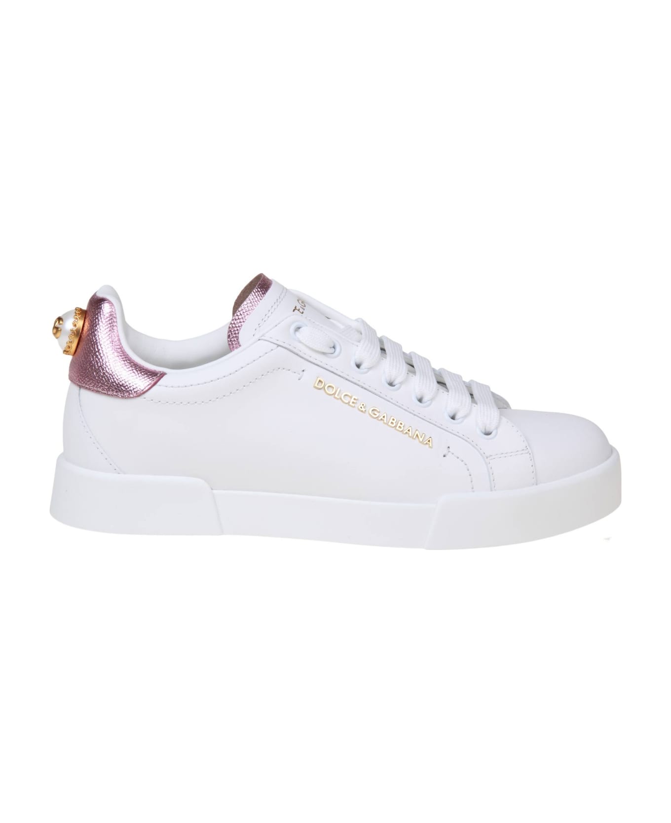 Dolce & Gabbana Portofino Sneakers In White Leather With Logo Pearl - WHITE/PINK
