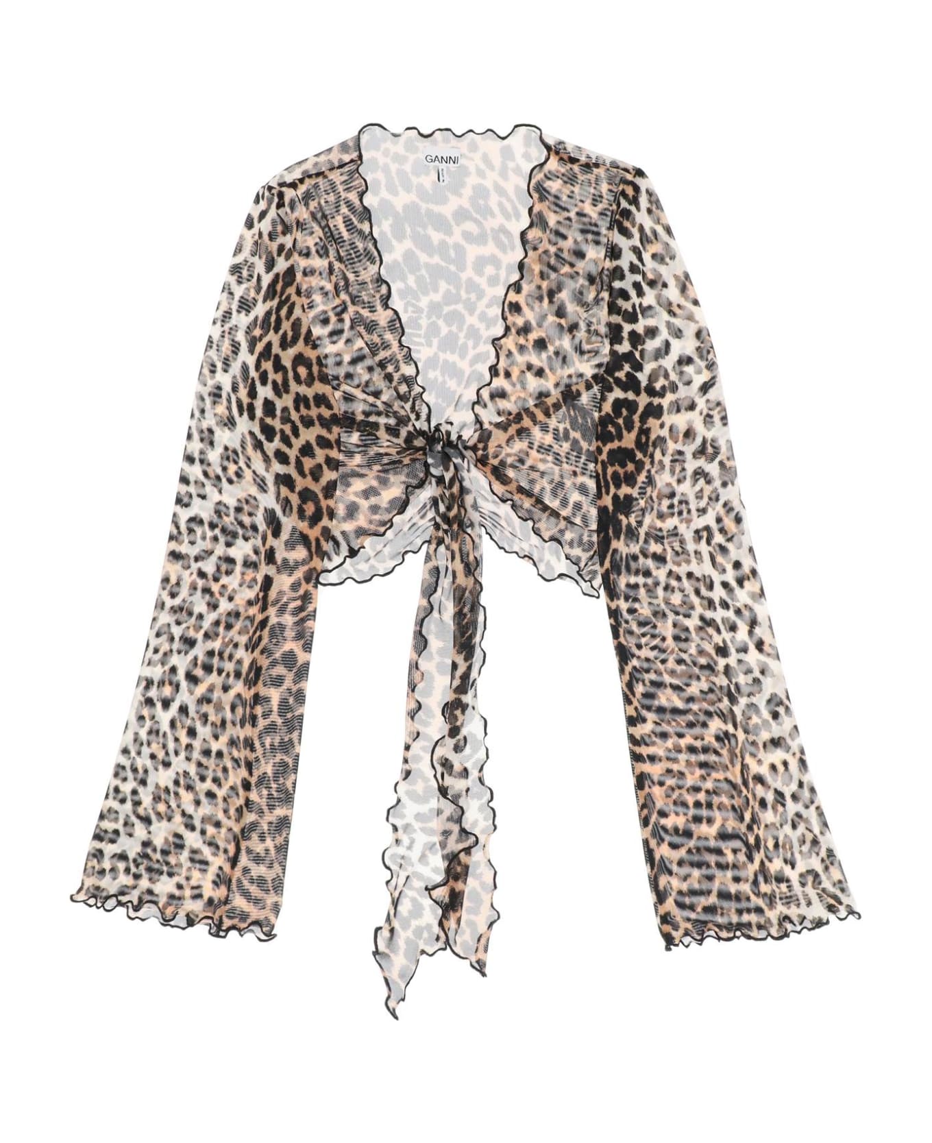 Ganni Cover Up Cropped Top In Mesh With Leopard Print - LEOPARD (Beige)