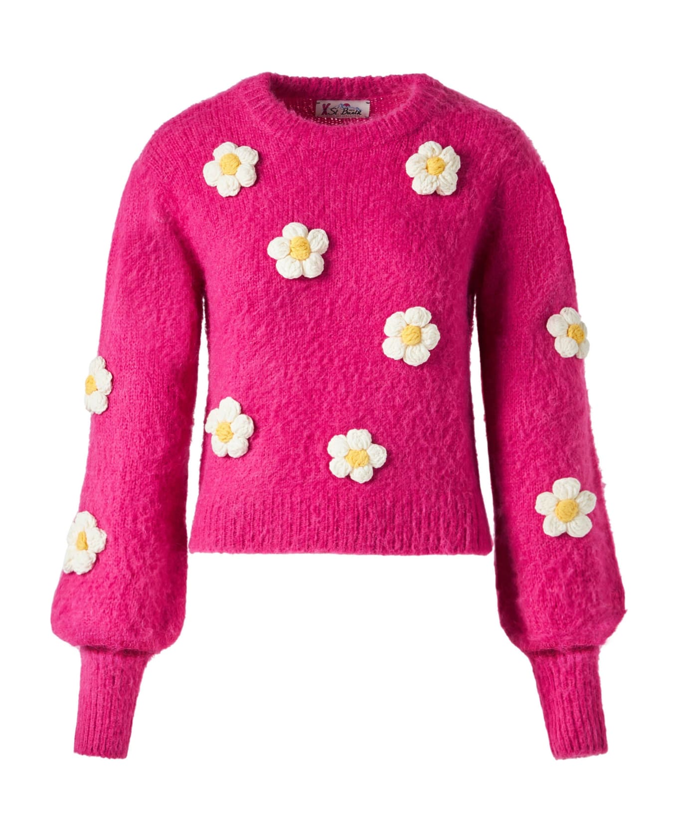 MC2 Saint Barth Woman Brushed Sweater With Crochet Flowers Appliqués - PINK ニットウェア