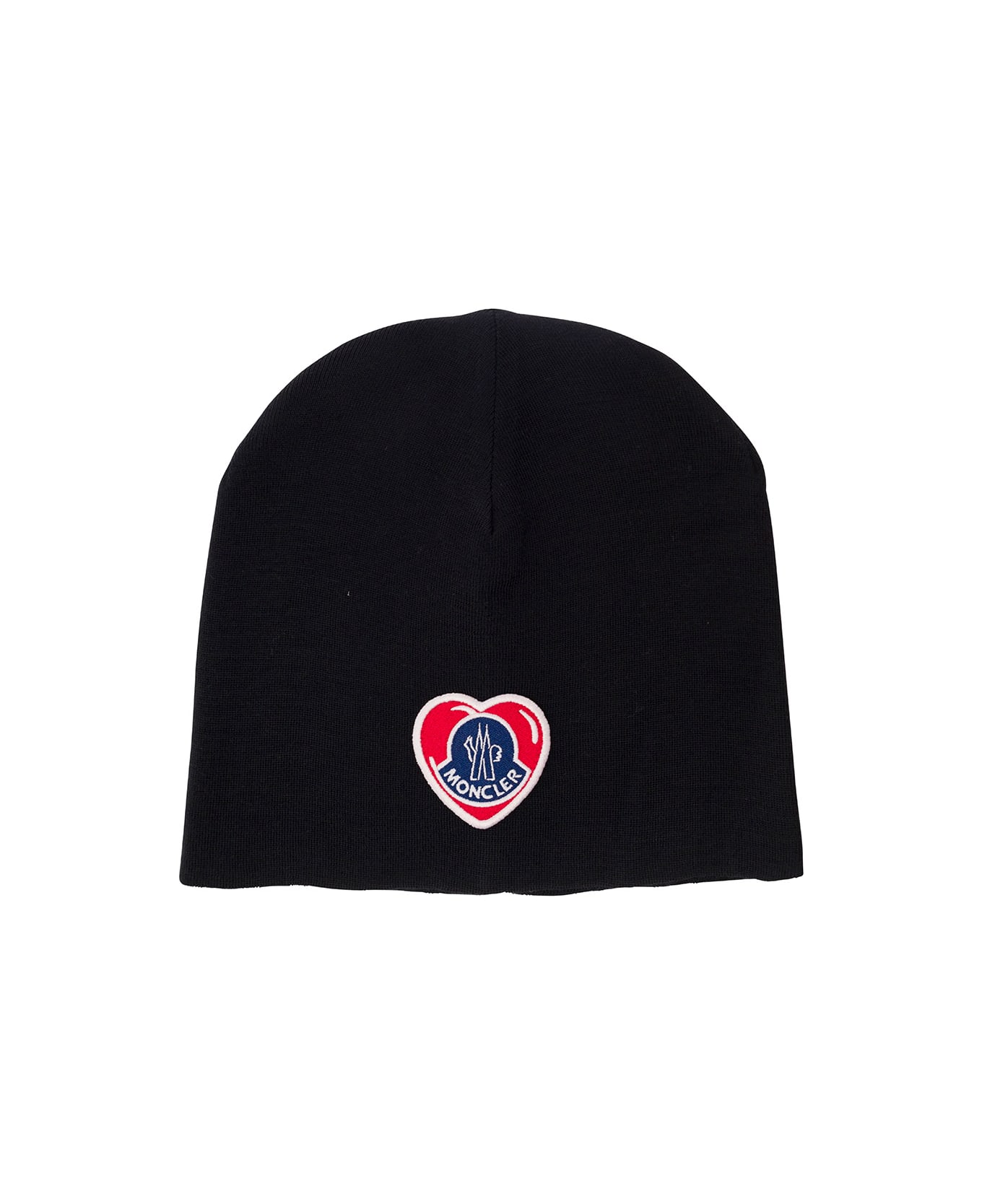 Moncler Black Beanie With Heart-shaped Logo Patch In Wool Blend Man - Black