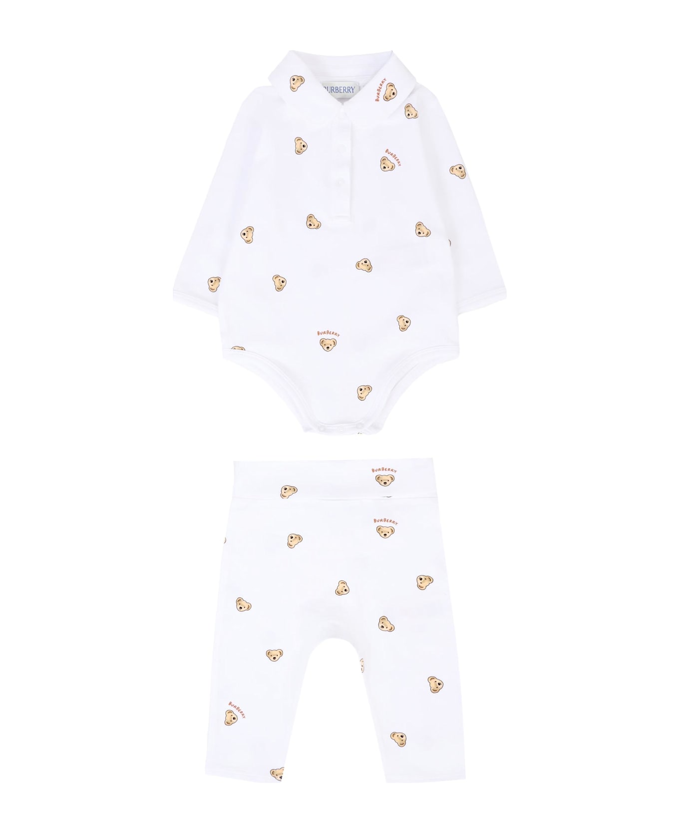 Burberry White Set For Babykids With Thomas Bear - White