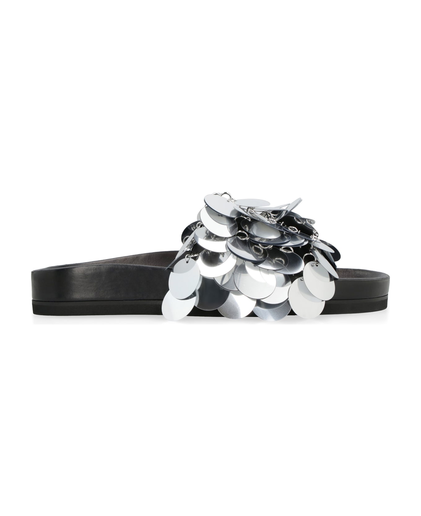 Paco Rabanne Sparkle Leather Slides With Decorative Applique - Silver