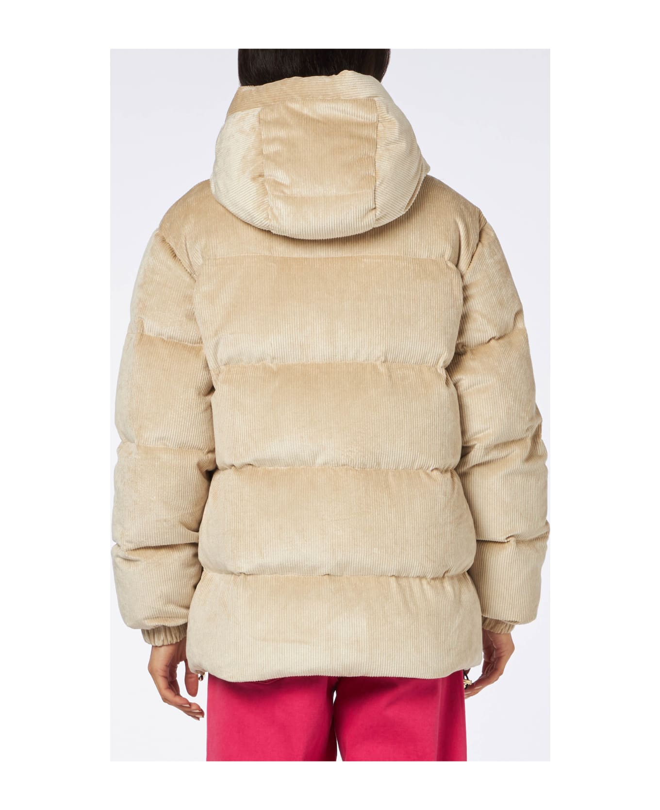 MC2 Saint Barth Woman Beige Corduroy Down Padded Jacket With Hoodie - WHITE
