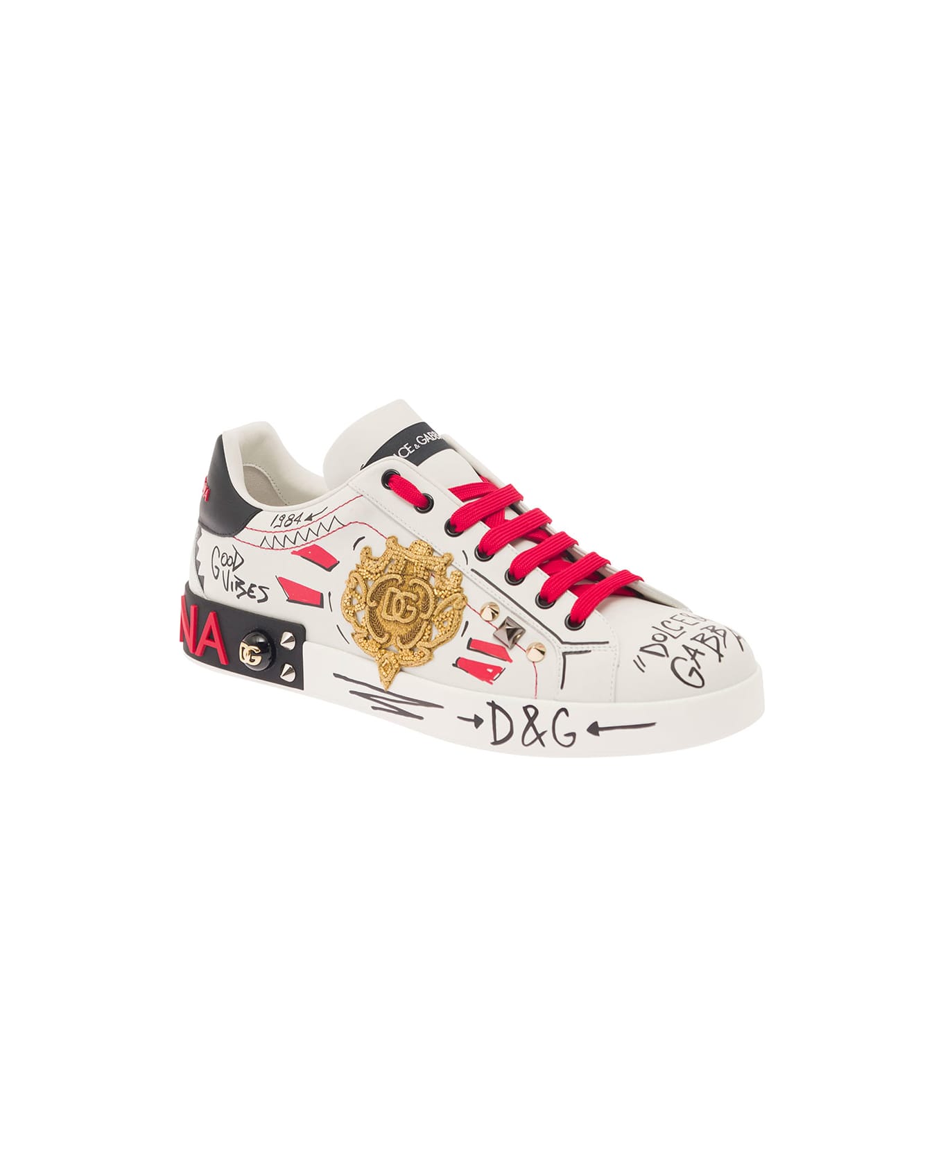 Dolce & Gabbana White Portofino Sneakers With Embroidered Design And Logo In Calf Chunky Woman - White