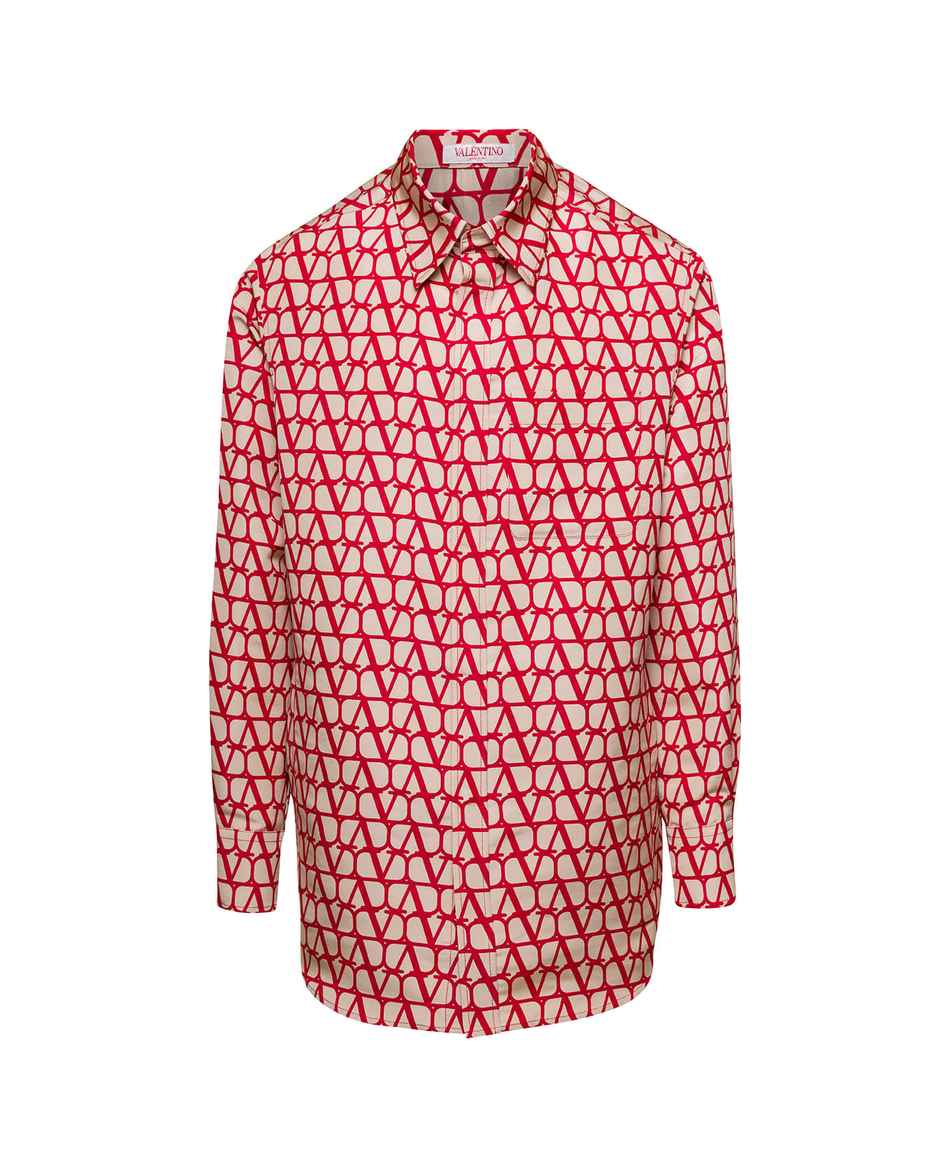 Valentino Red Toile Iconographe Shirt With Logo Print All-over In Silk Man - RED