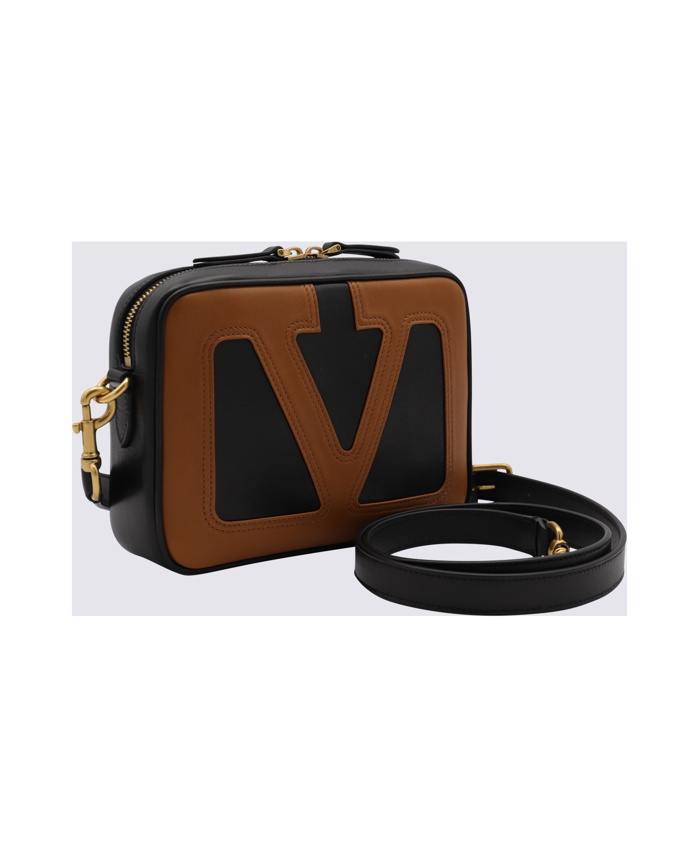 Valentino Garavani Black And Brown Leather Crossbody Bag - NERO/SPICE