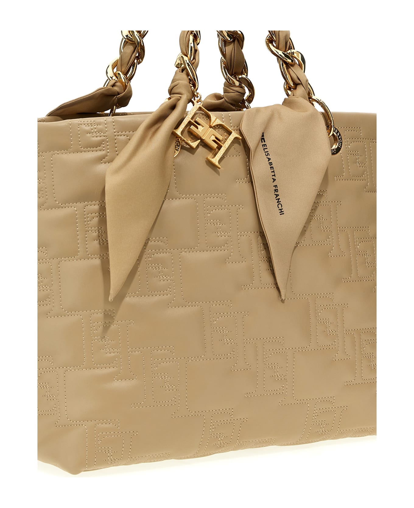 Elisabetta Franchi Logo Quilted Large Shopping Bag - Beige