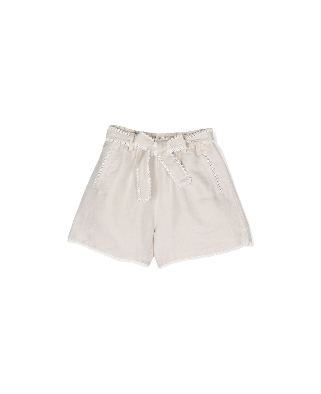 Chloé Beige Bermuda Shorts With Bow-detail In Linen Blend Girl - White ボトムス