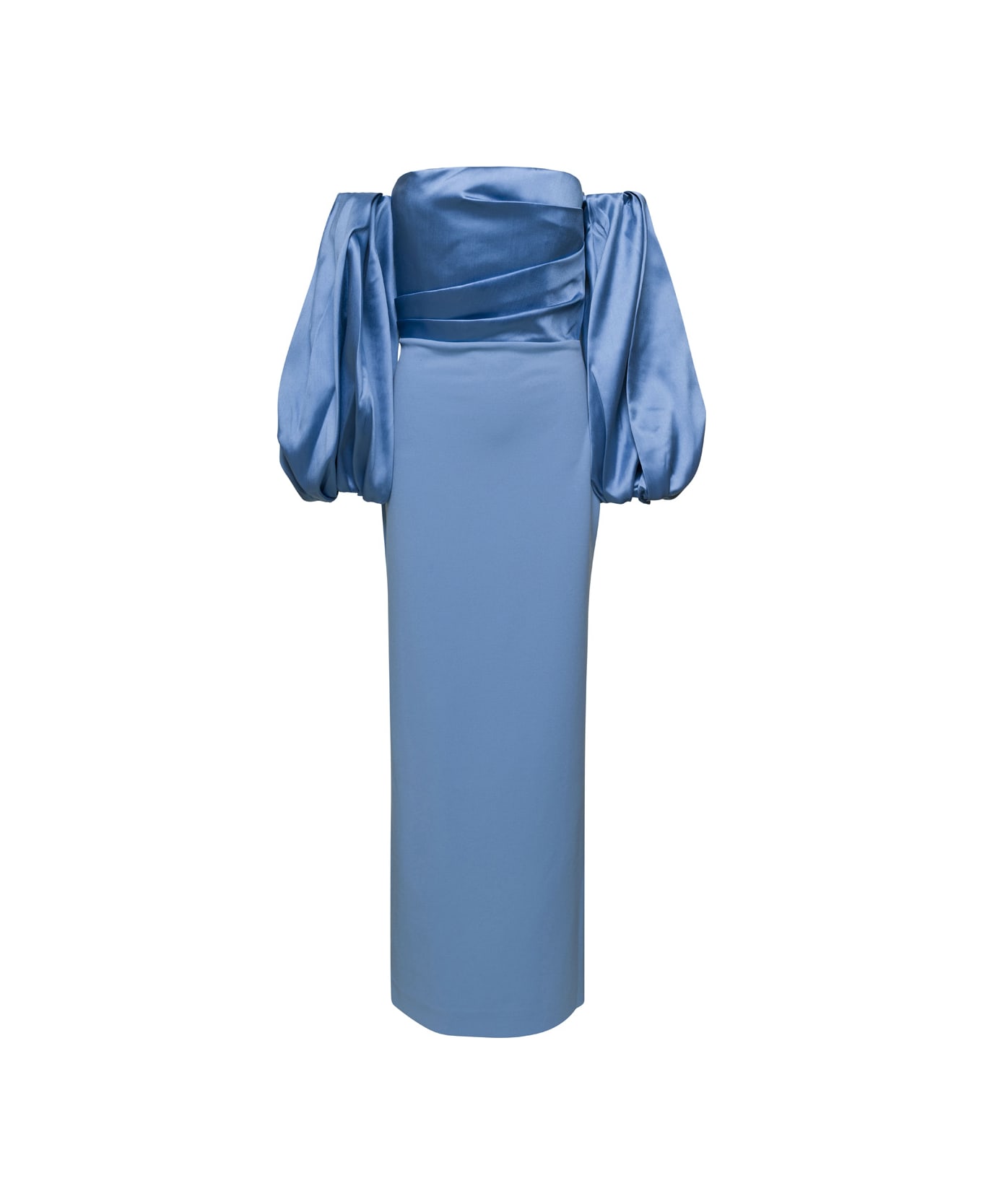 Solace London Light Blue Maxi Dress With Puffed Sleeves In Techno Fabric Woman - Gnawed Blue