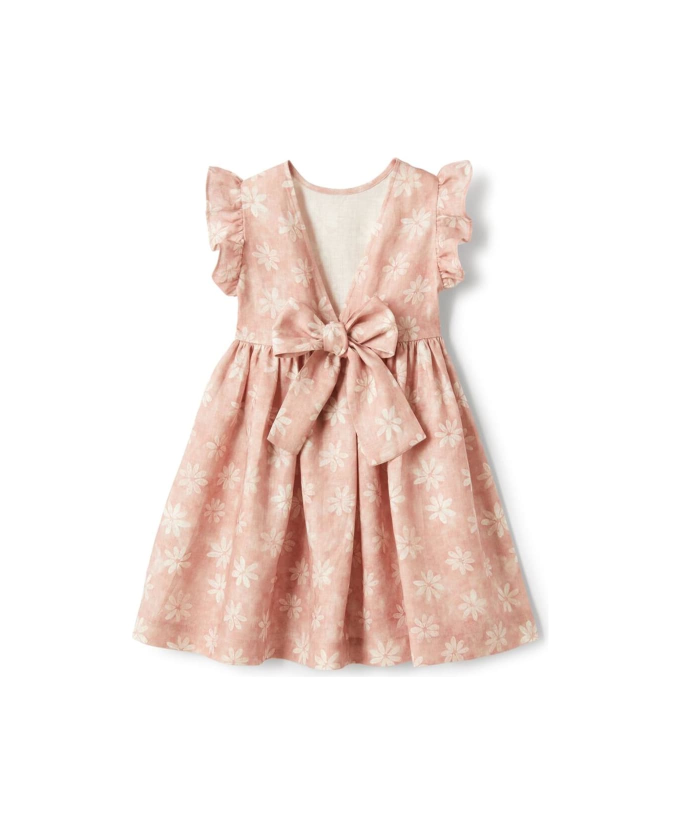 Il Gufo Pink Dress With Rear Bow And All-over Floral Motif In Linen Girl - Pink