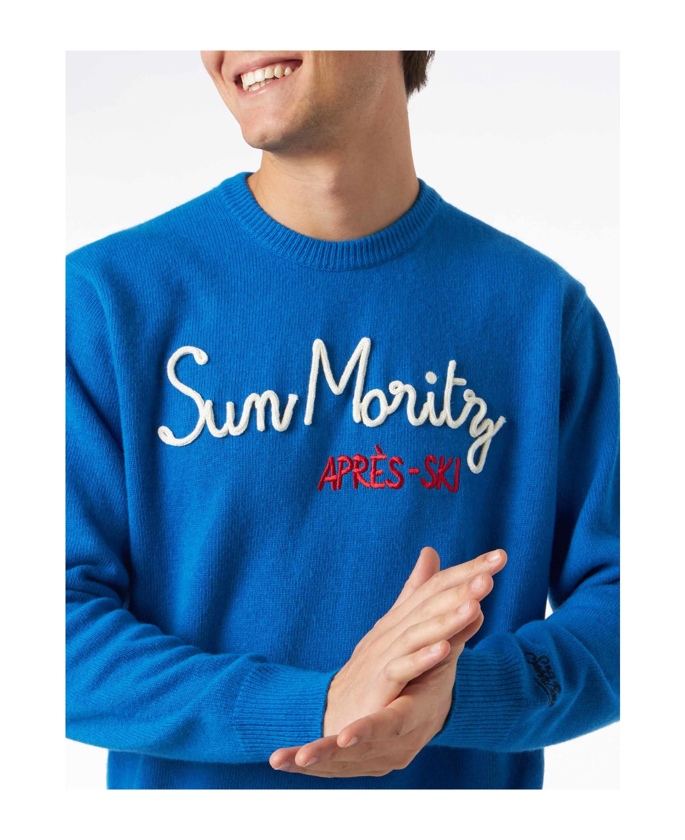 MC2 Saint Barth Man Crewneck Sweater With Sun Moritz Après Ski Embroidery - SKY
