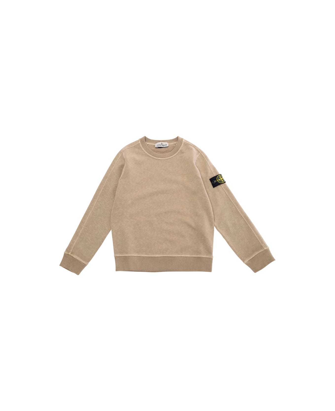 Stone Island Junior Beige Sweatshirt With Round Neck And Logo Patch On The Sleeve In Cotton Boy - Beige