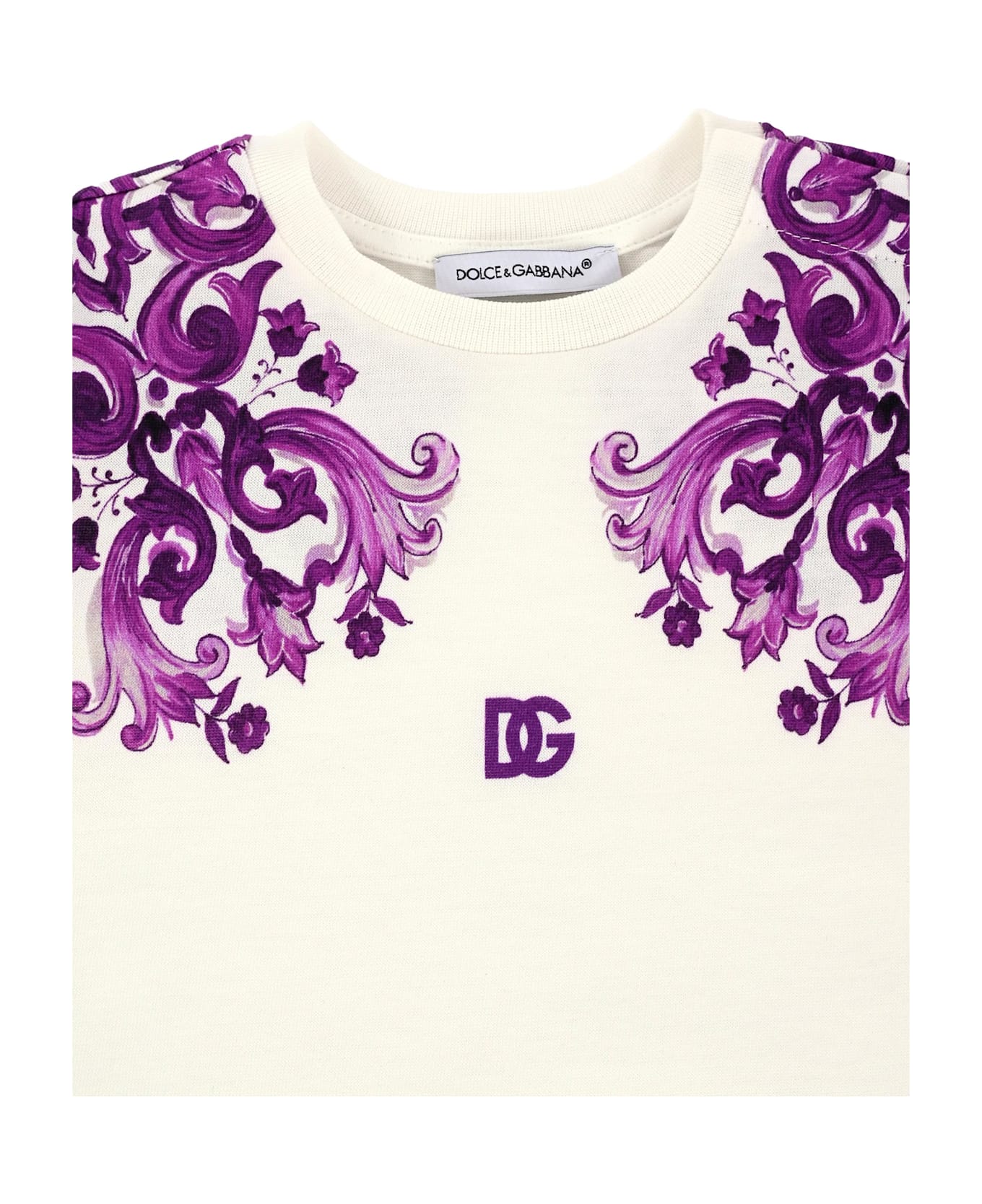 Dolce 
Gabbana White T-shirt For Baby Girl With Majolica Print - Violet