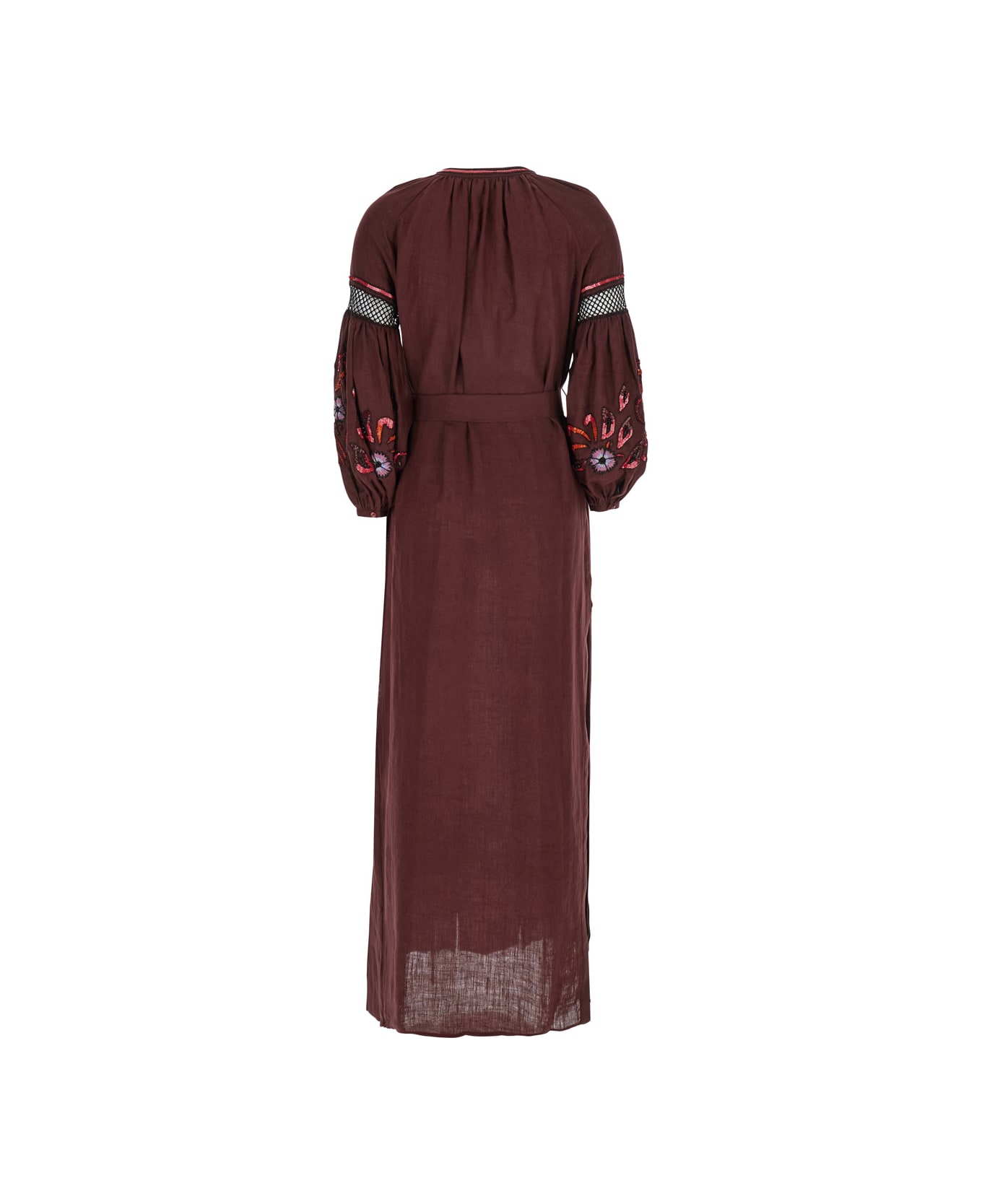 Anjuna 
nicoletta
 Brown Long Dress With Long Puffed Sleeves And Belt In Linen Woman - Brown