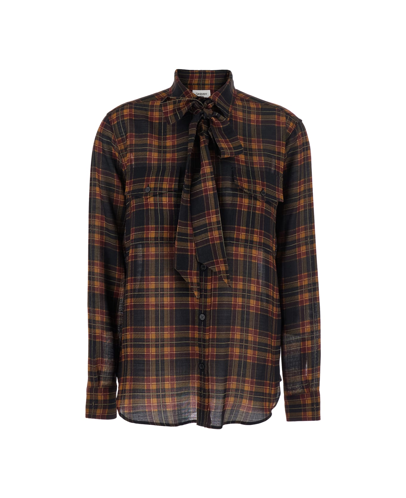 Saint Laurent Brown Shirt With Pussybow Collar And All-over Check Motif In Wool Woman - Brown