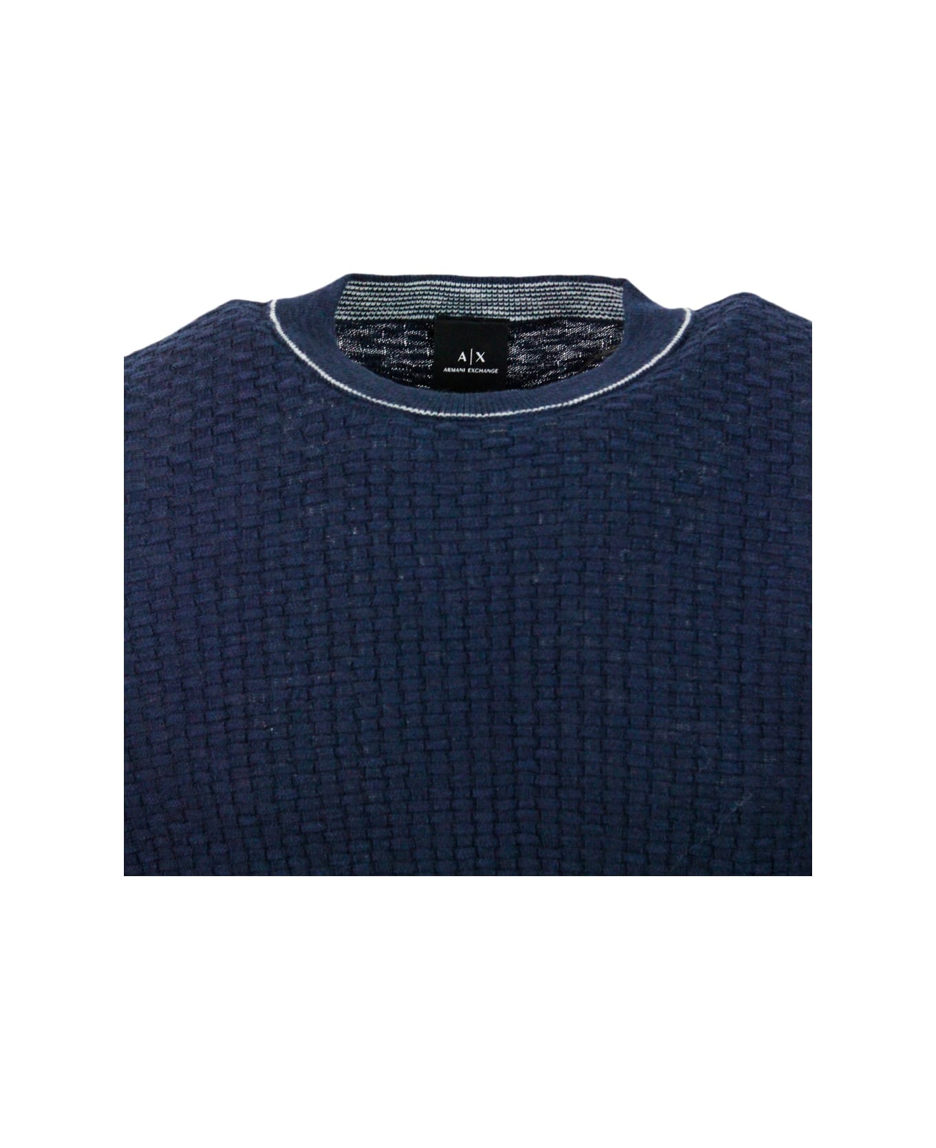 Armani Collezioni Crew-neck And Long-sleeved Sweater In Cotton And Linen With Honeycomb Workmanship. - Blu