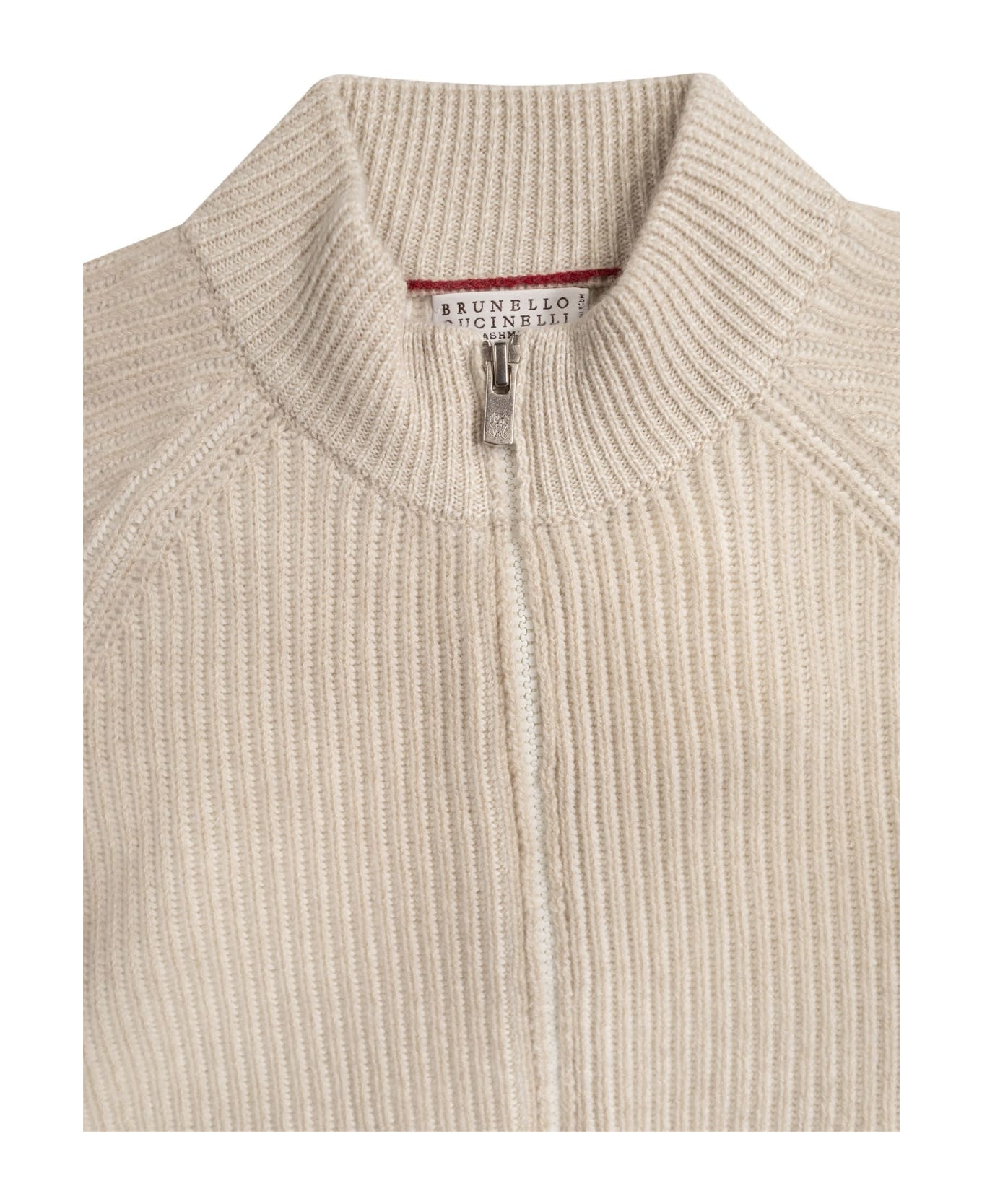 Brunello Cucinelli Vanisé Ribbed Cashmere Turtleneck Cardigan With Zip - Sand