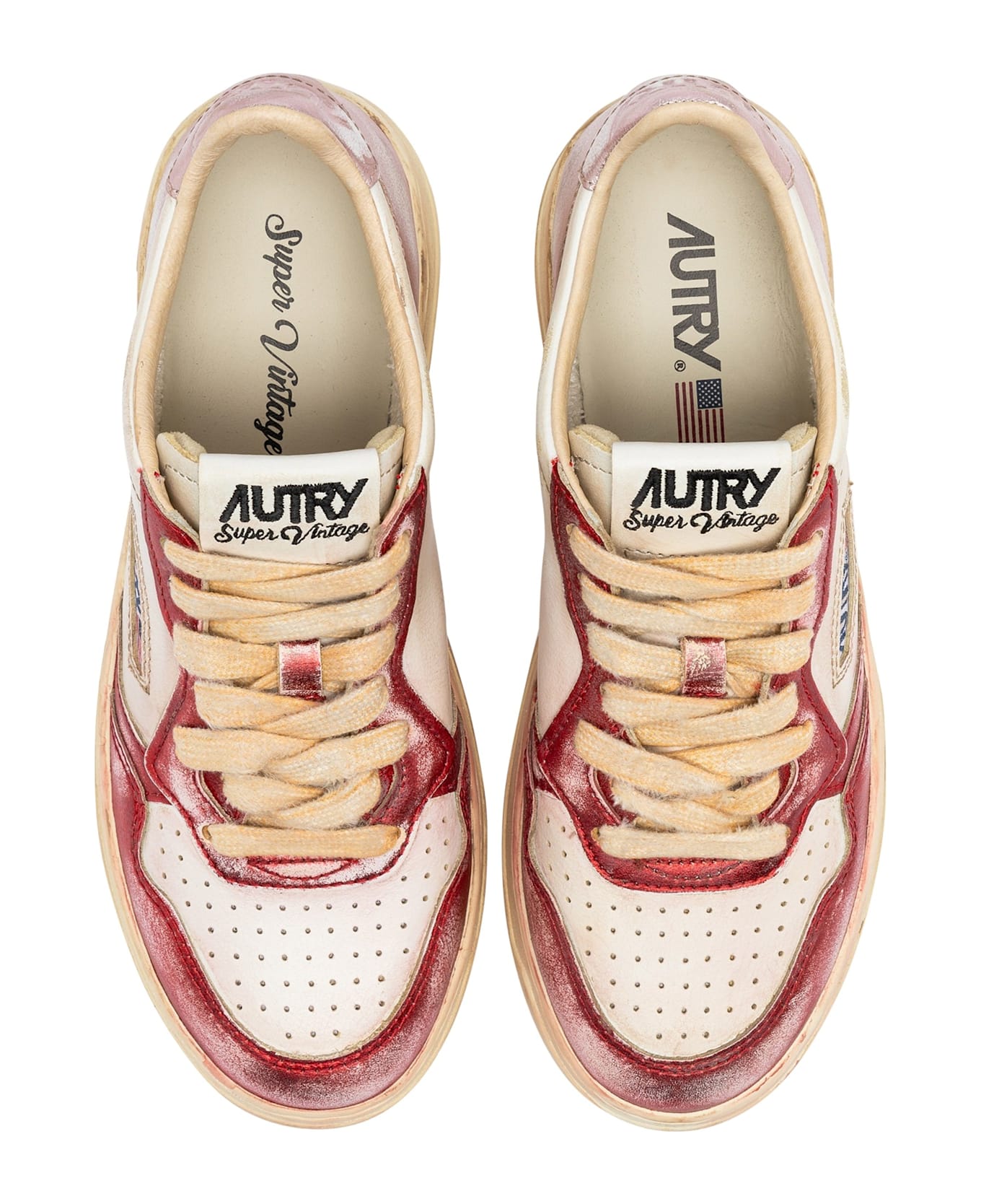 Autry Sup Vint Low Metal Leat - White, Red, pink