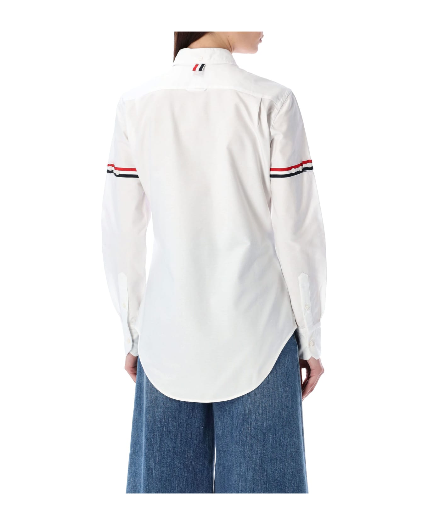 Thom Browne Stripe Oxford Armband Classic Round Collar Shirt - WHITE