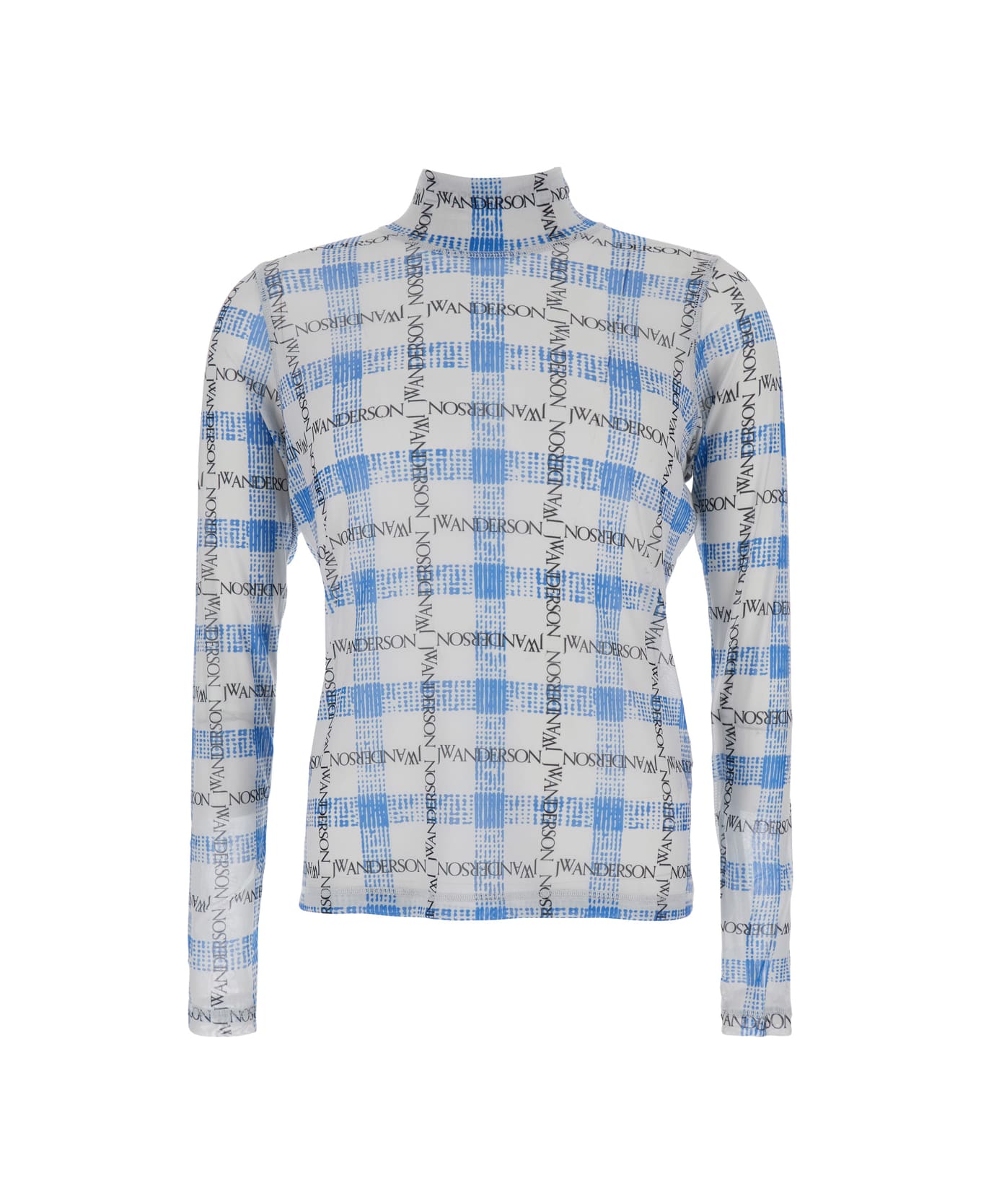 J.W. Anderson Light Blue Turtleneck T-shirt With All-over Check Motif And All-over Logo Print In Tech Fabric Stretch Man - Light blue