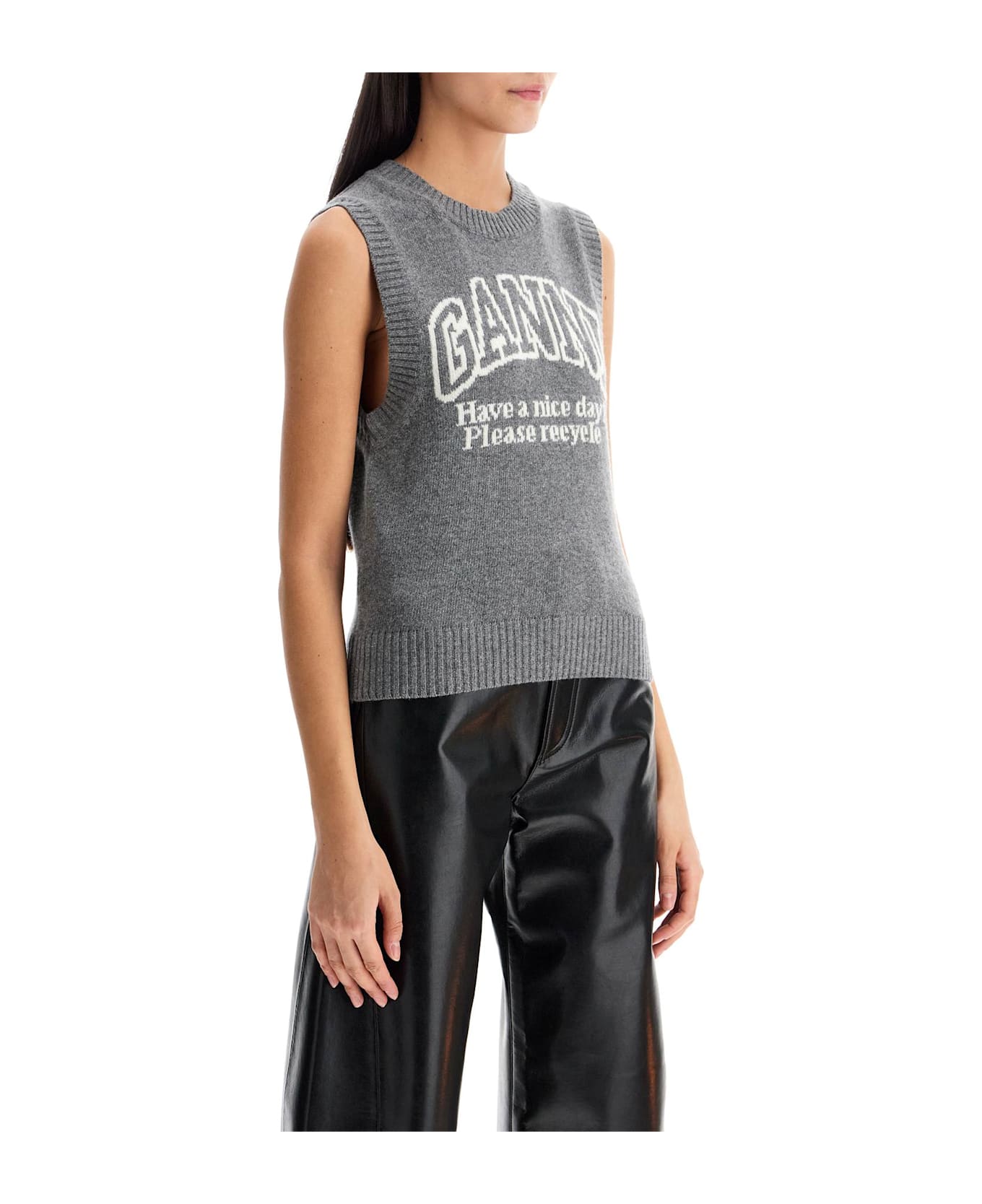Ganni Knitted Vest With Logo - FROST GRAY (Grey)