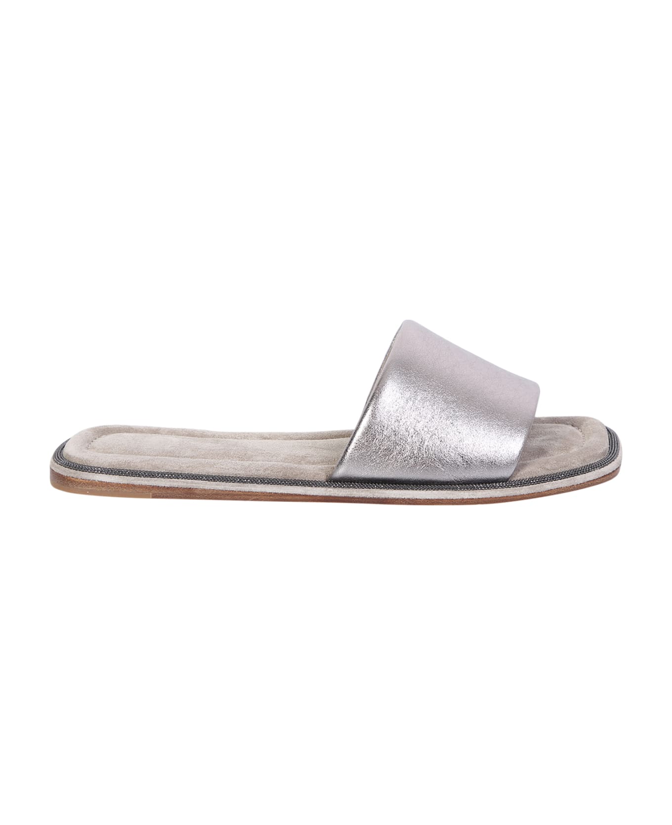 Brunello Cucinelli Leather Flat Sandals - Silver Metallic