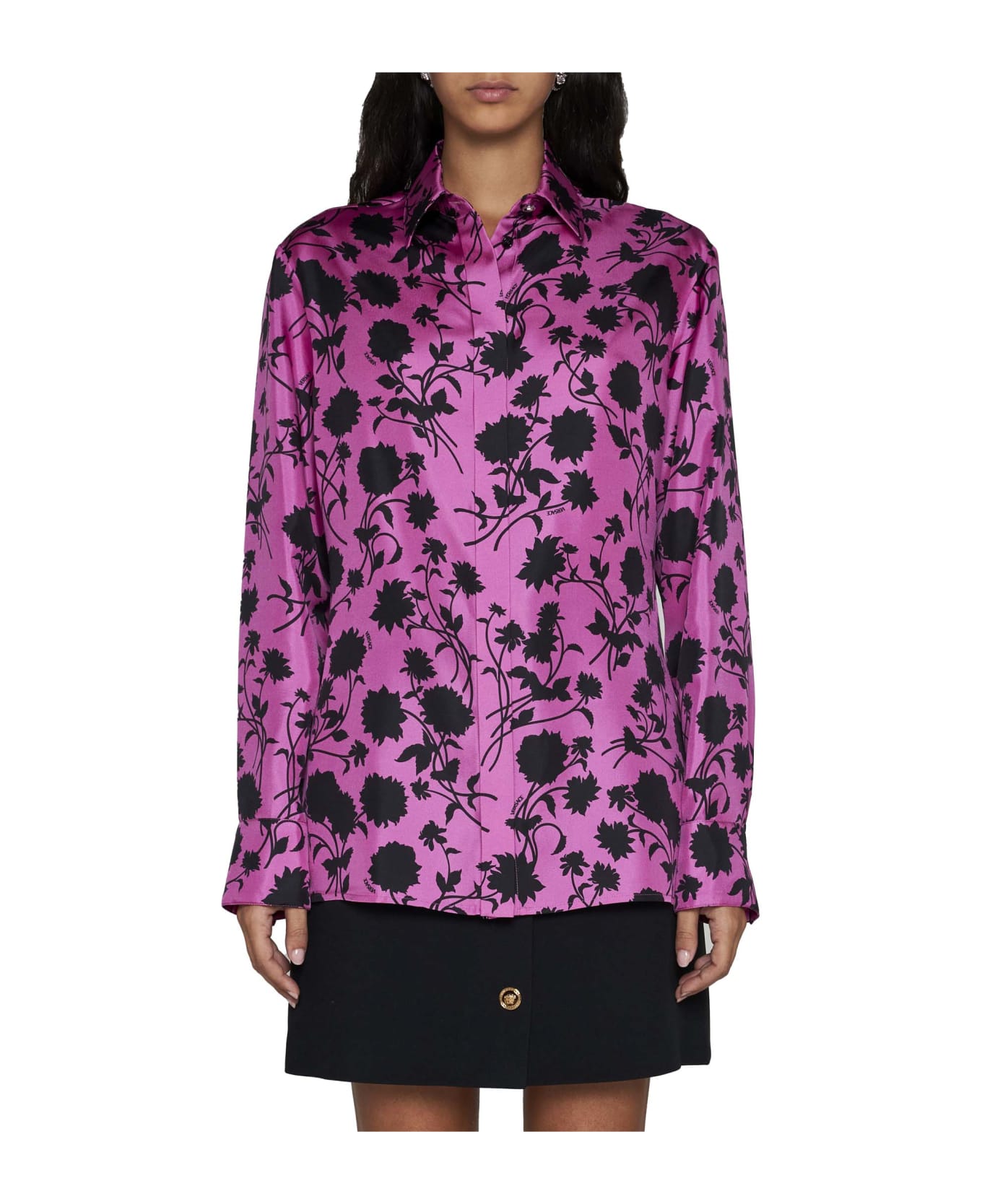 Versace Informal Shirt Floral Silhouette Print Twill Silk Fabric 50% - Waterlily Black シャツ