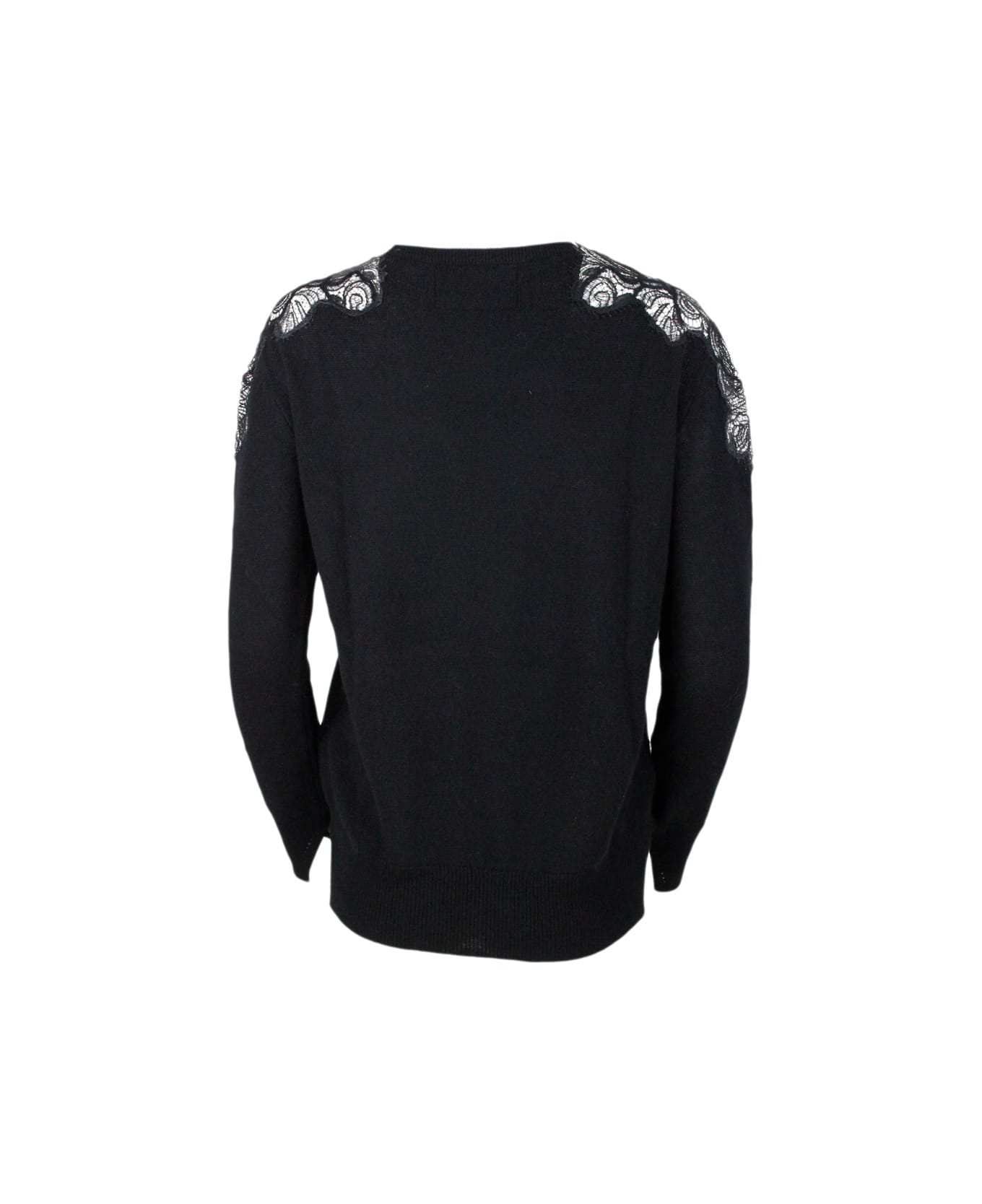 Ermanno Scervino Crewneck Sweater With Lace - Black ニットウェア