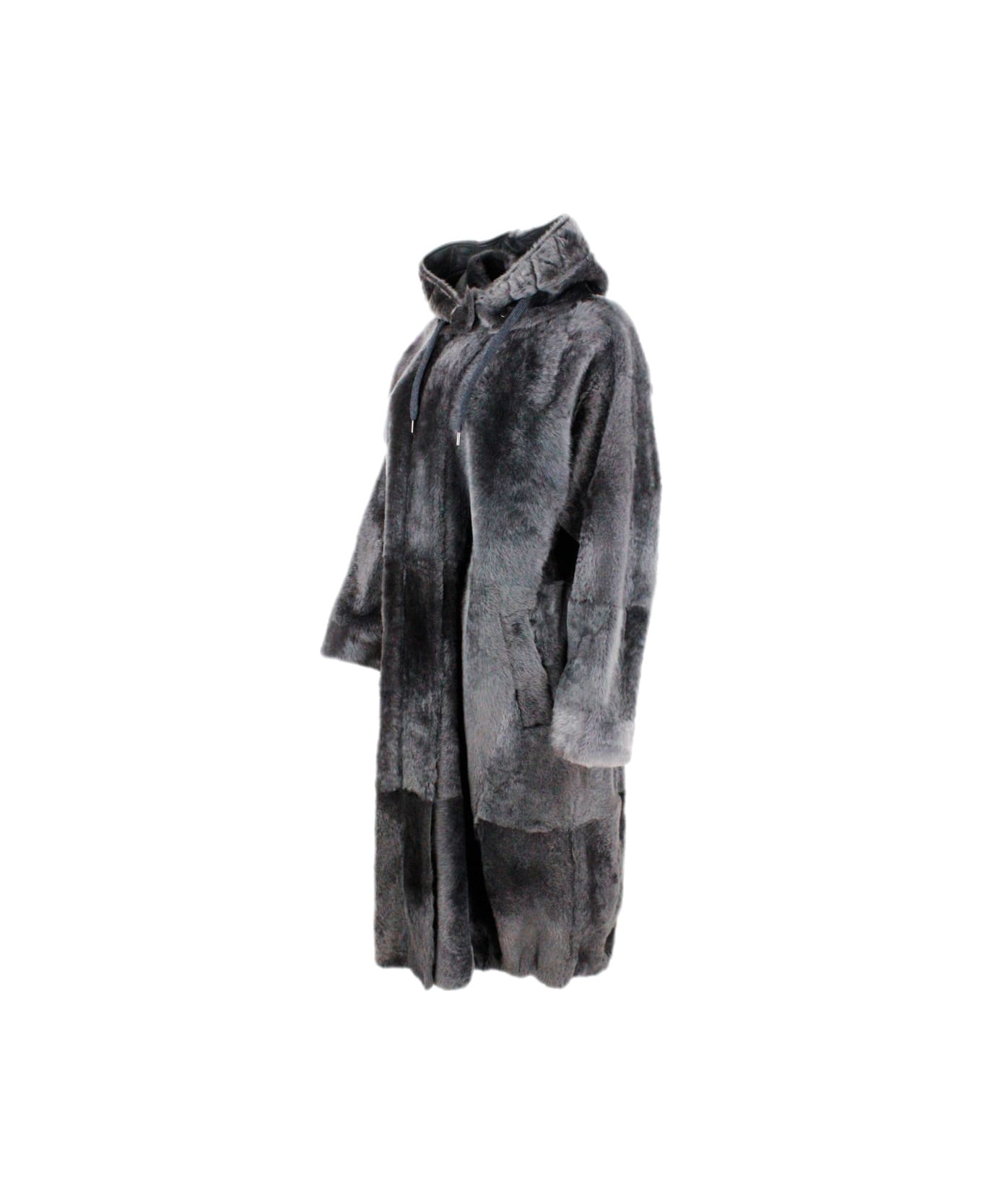 Brunello Cucinelli Long Shearling Coat With Detachable Hood And Monili Along The Zip Closure - Grey