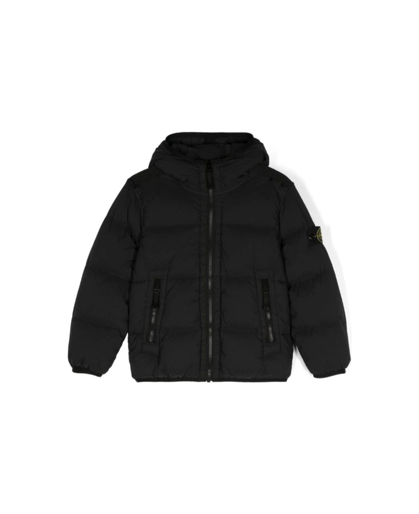 Stone Island Junior Black Hooded Down Jacket With Logo Patch In Polyamide Boy - Black