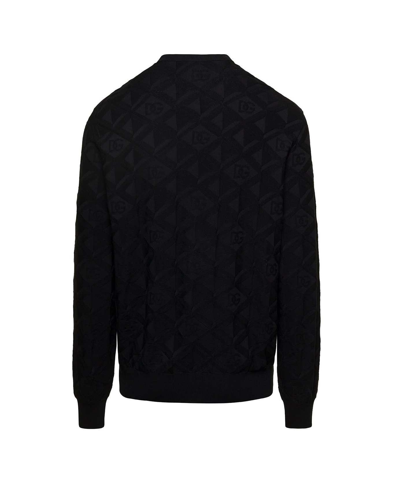 Dolce & Gabbana Black Crewneck Pullover With Jacquard Monogram Motif All-over In Silk Man - Black