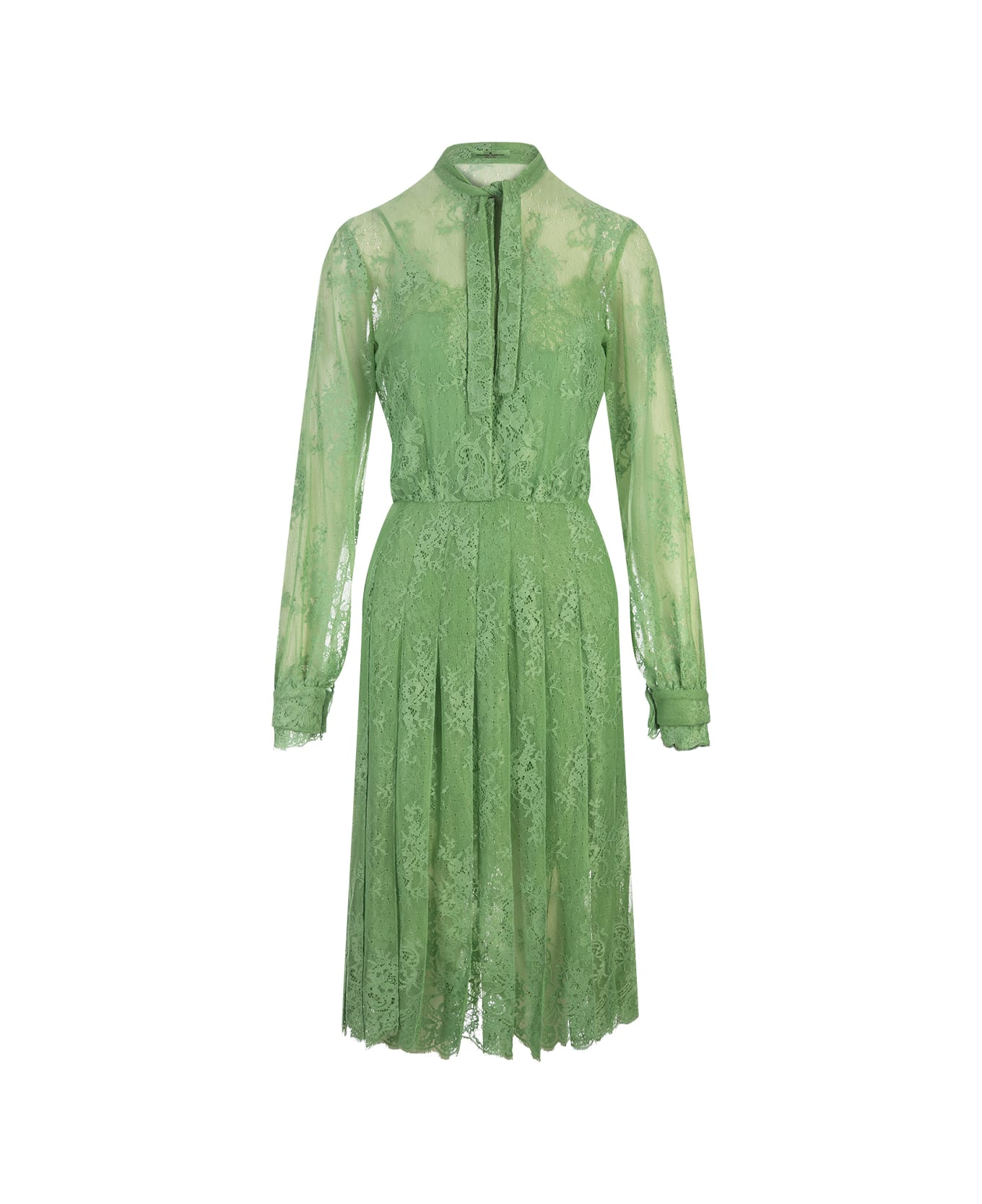 Ermanno Scervino Green Lace Dress With Long Sleeve And Collar Bow - Green ワンピース＆ドレス