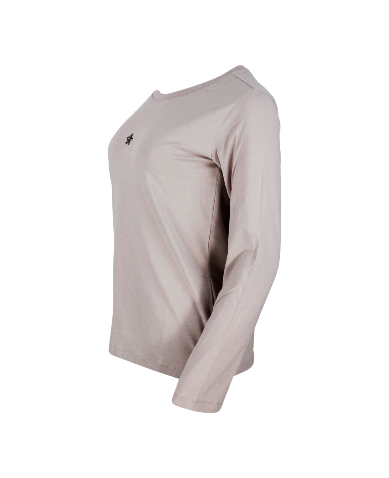 Lorena Antoniazzi Long-sleeved Crew-neck T-shirt In Stretch Cotton With Swarosky Star On The Chest - Pink