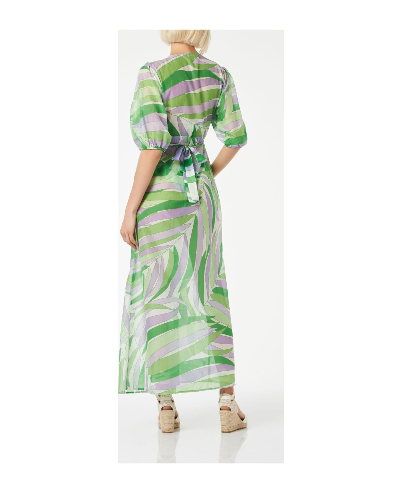 MC2 Saint Barth Cotton And Silk Long Dress Bliss With Palm Print - GREEN