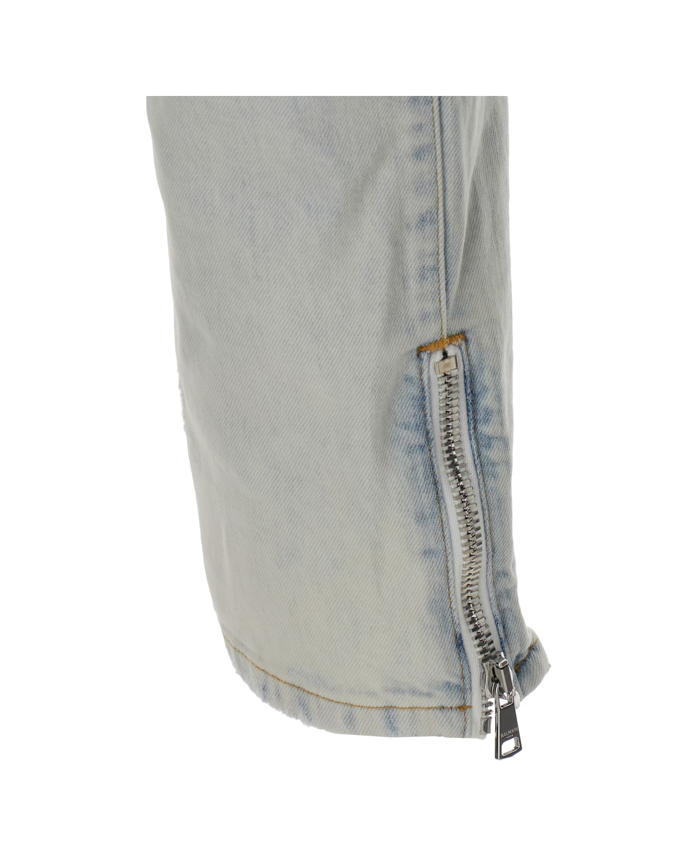 Balmain Light Blue Skinny Jeans With Logo Patch And Ribbed Knees In Stretch Cotton Denim Man - Light blue