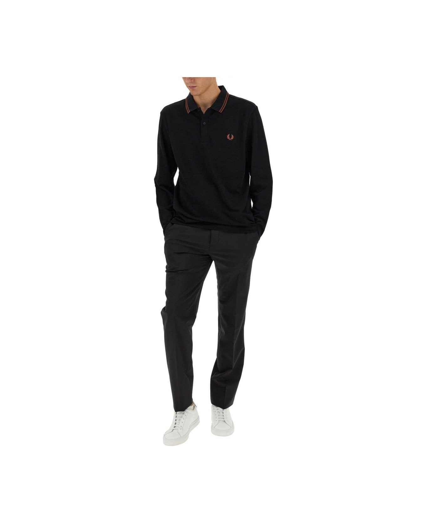 Fred Perry Logo Embroidered Polo Shirt - Black/whiskybrwn