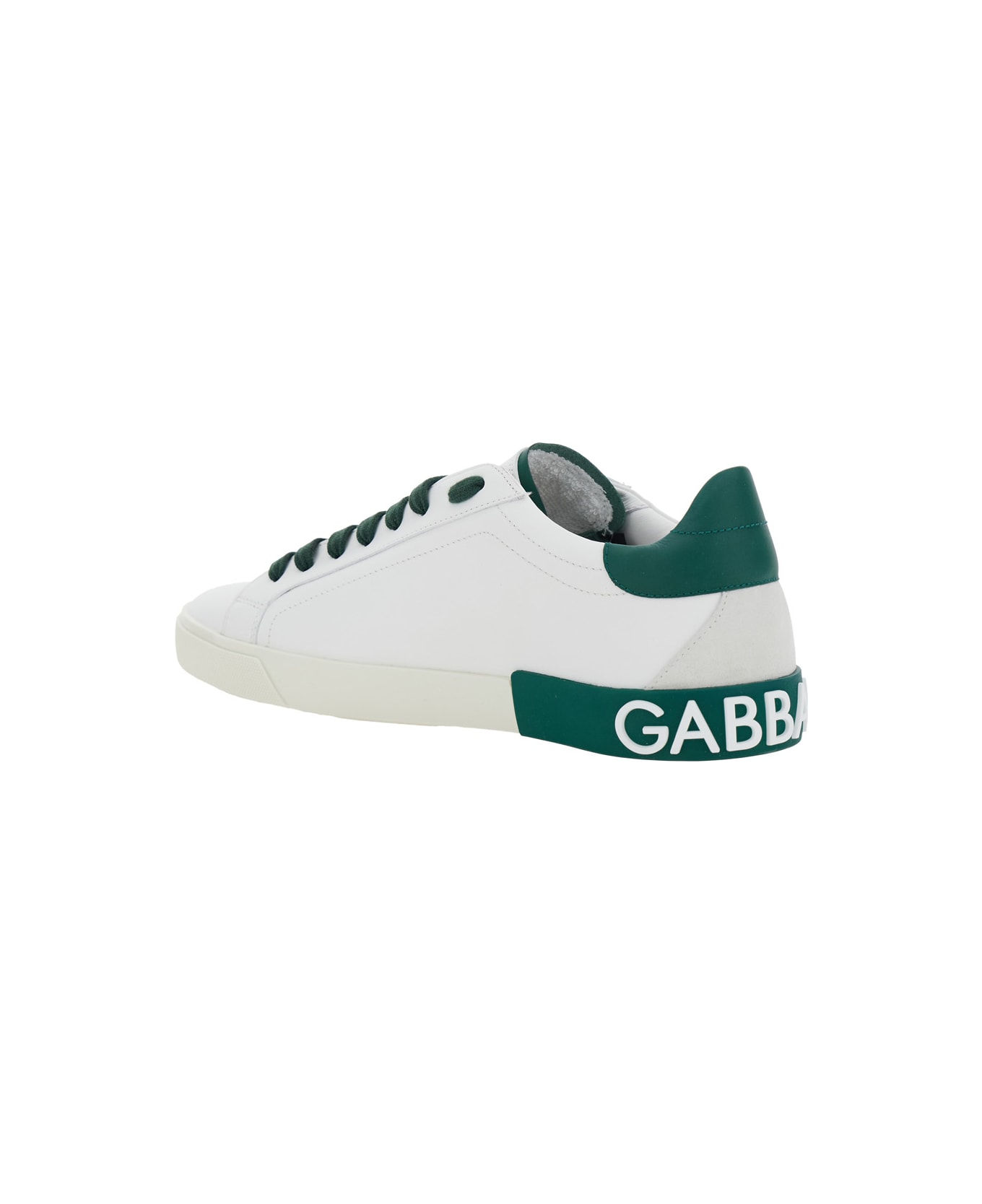 Dolce & Gabbana 'portofino' White And Green Low Top Sneakers With Logo Lettering On Tongue And Rear In Leather Man - White