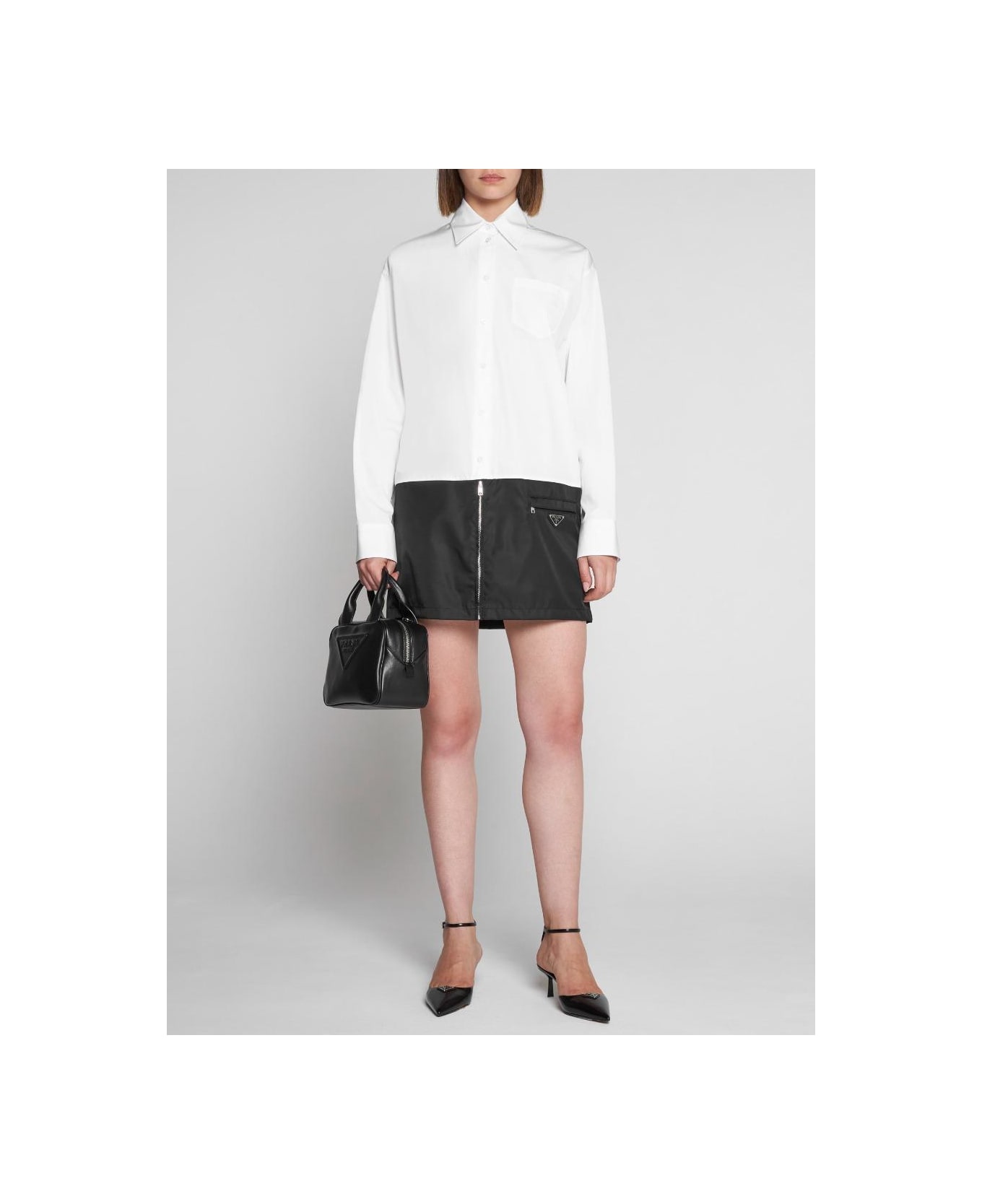 Prada Cotton And Re-nylon Shirt Dress - Bianco/Nero
