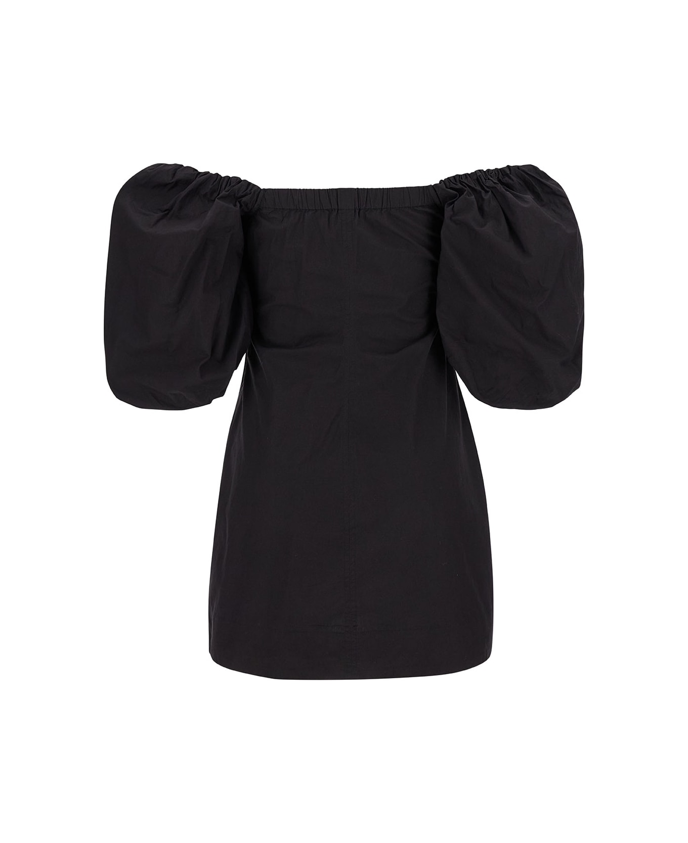 Ganni Mini Black Dress With Puff Sleeves In Cotton Woman - Black