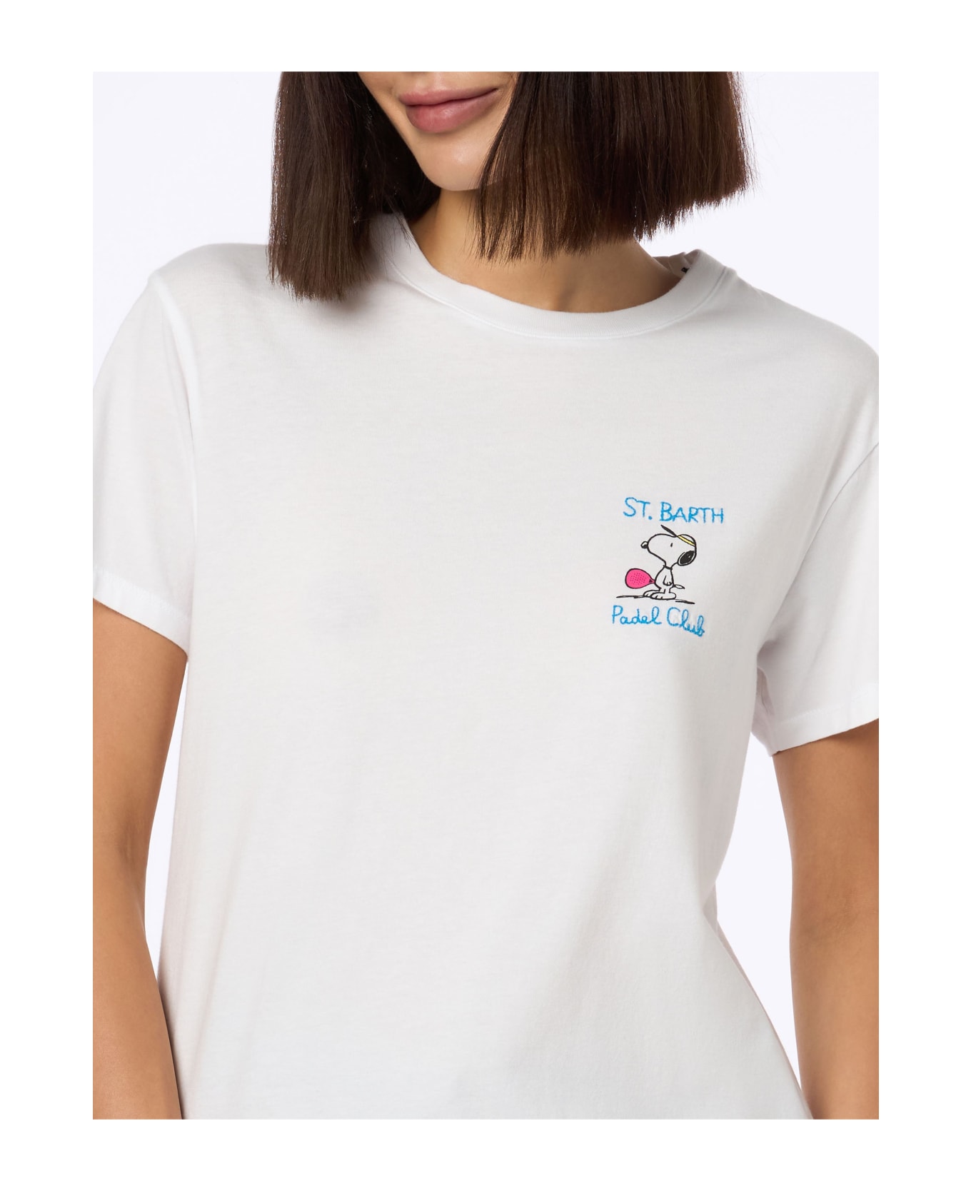 MC2 Saint Barth Woman Pink Cotton Jersey Crewneck T-shirt Emilie With Snoopy St. Barth Padel Club Embroidery | Snoopy Peanuts Special Edition - WHITE