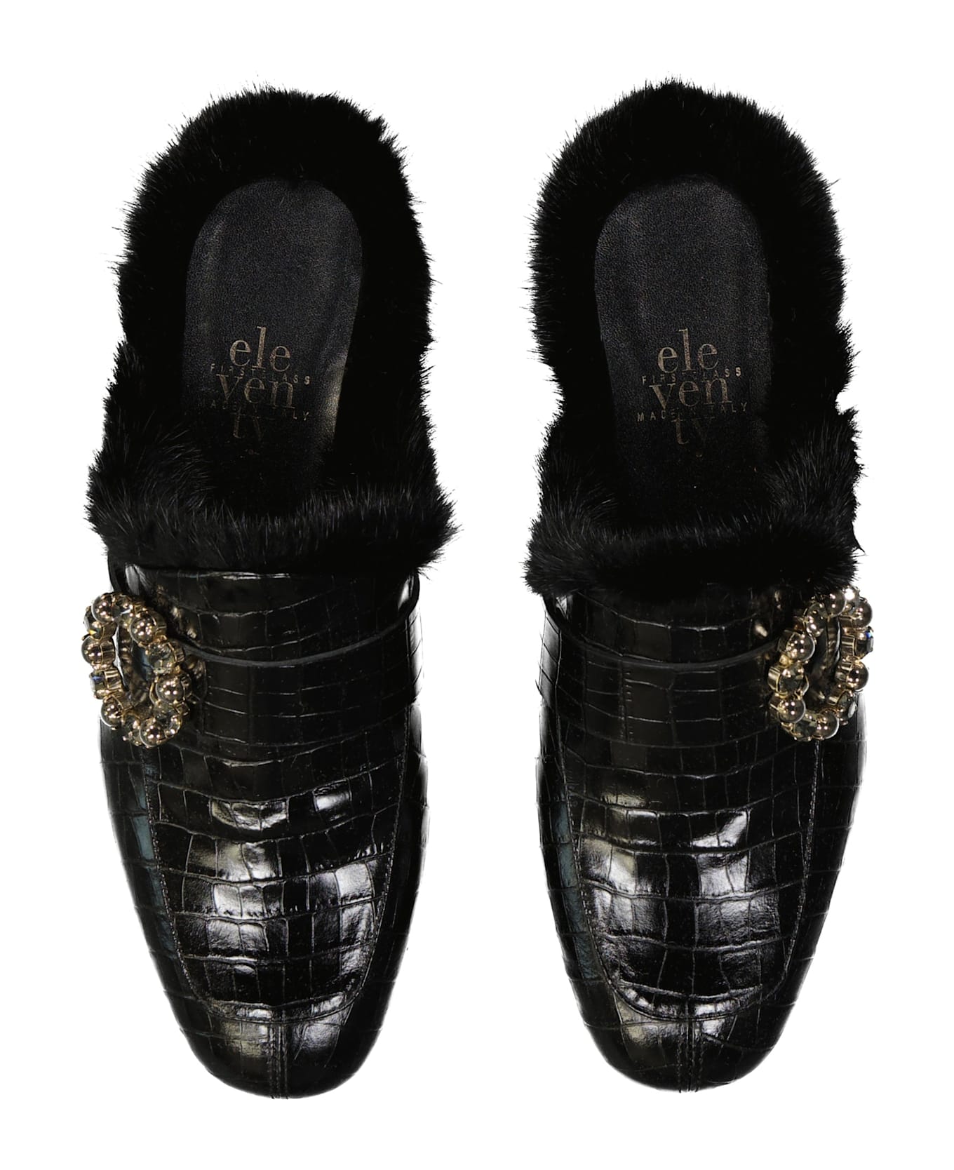 Eleventy Leather Fur Mules - Black