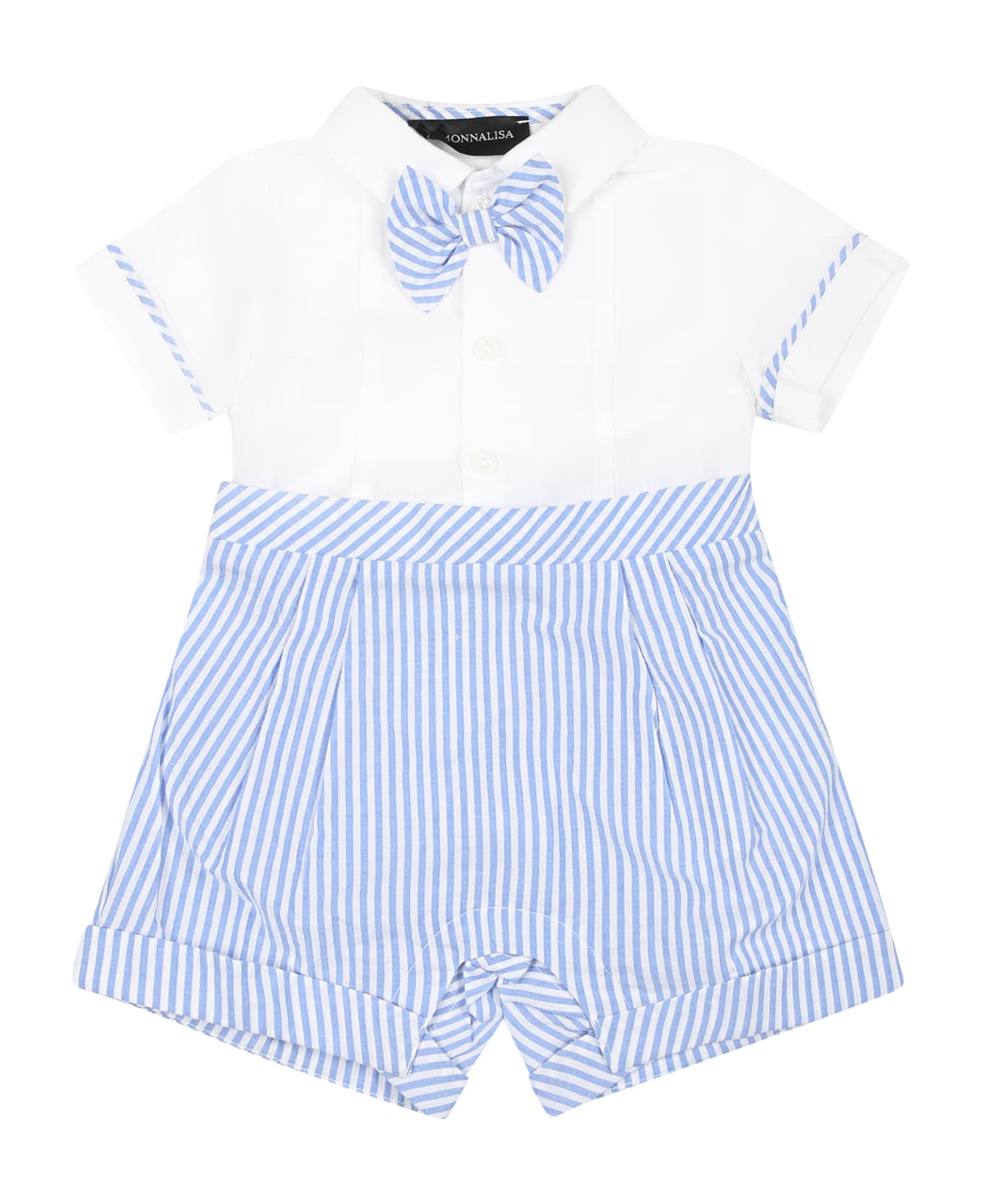 Monnalisa Light Blue Romper For Baby Boy With Bow Tie - White ボディスーツ＆セットアップ